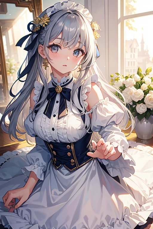highest quality、masterpiece、Gray Hair、Golden Eyes、Cute white frilly outfit、Looking up、Cowboy Shot、hair、Fair skin、Side braid
