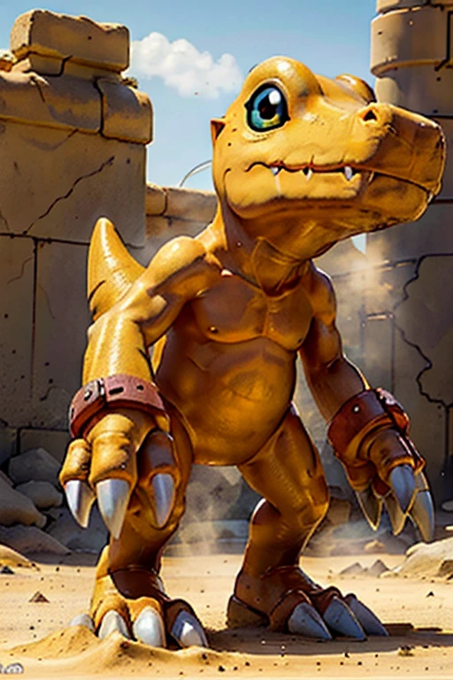 best quality, masterpiece, 8k, an orange dinosaur with black front horns, red eyes, black human, blue stripes, detailed body, standing in the desert with ancient ruins, (top quality, super detailed, highly detailed), (sunny desert with ruins:1.2), (golden sand:1.1), (vibrant colors), (ancient stone structures:1.3) , (dry and arid air:1.3)