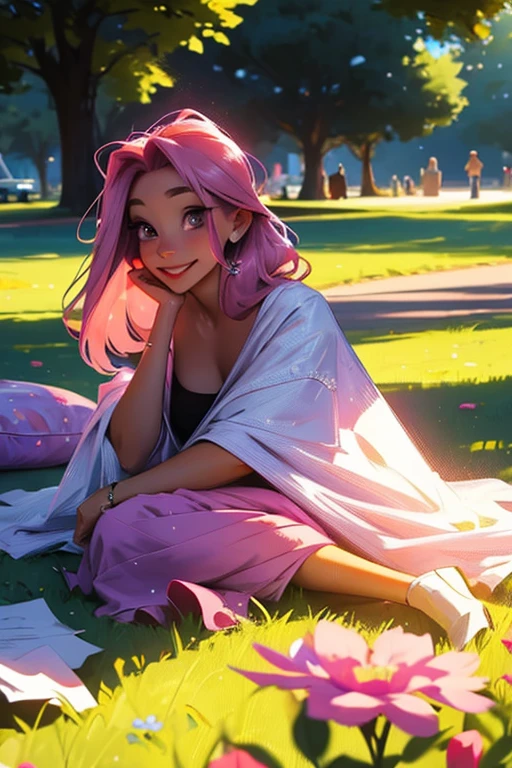 A pink haired woman with violet eyes with an hourglass figure in a summer dress is laying on a blanket in the park with a big smile