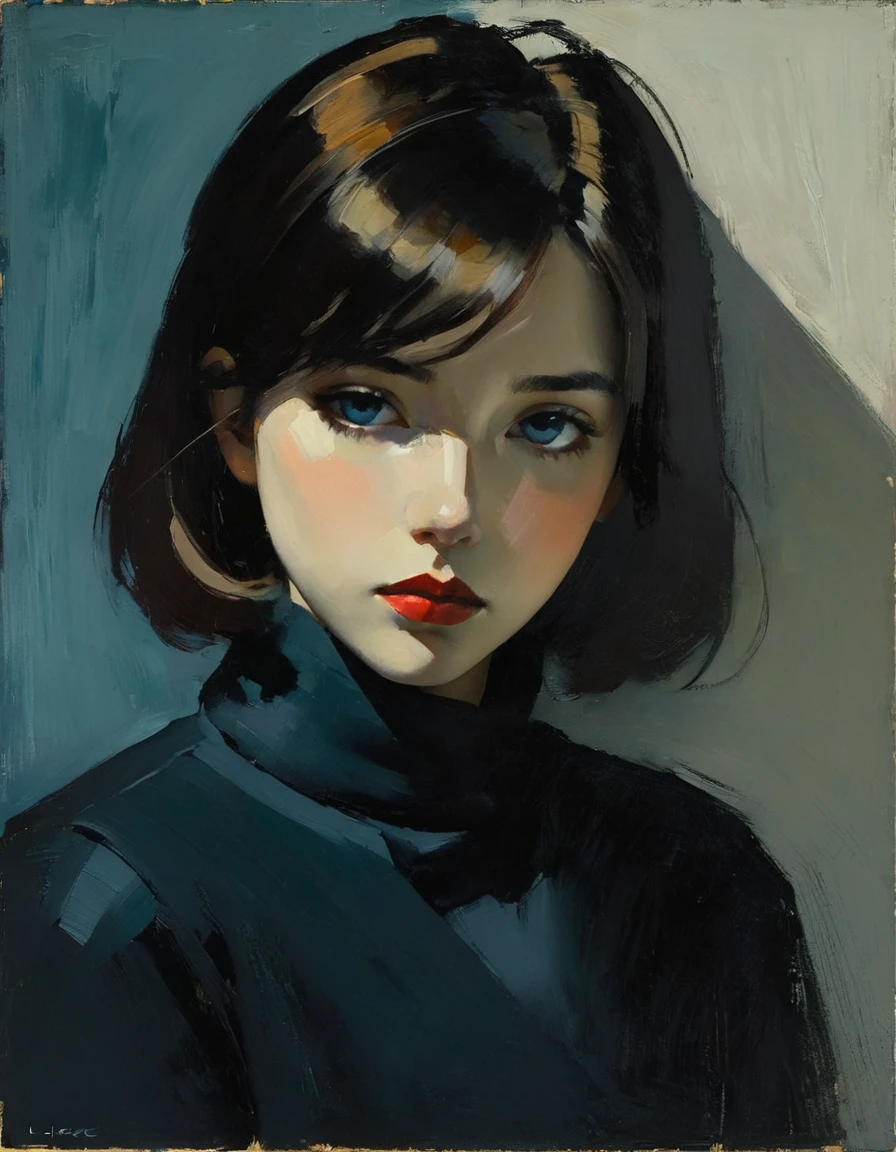 Create an evocative oil painting inspired by Malcolm Liepke, based on the provided image. Capture the intense, introspective expression of the young subject using thick, Incorporate earthy tones, deep blues, and warm browns to create a harmonious and inviting composition. Highlight the emotional depth and vulnerability in the subject's gaze, emphasizing the play of light and shadow on their face. Maintain a simple, textured background that complements the subject's contemplative presence. Focus on the tactile quality of the oil paint to convey the raw emotion and intimacy characteristic of Liepke's style.