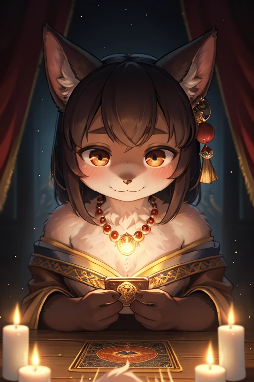 Unrealistic Perspective , dynamic angle , dynamic model action , realistic hairy fur , round face , moist round eyes , Swollen cheeks , hair ties , Short stature , 
最high quality, masterpiece, High Resolution, 1 female, Age 35, Japanese, Western style fortune teller costume, hair ornaments, necklace, jewelry, Beautiful Face, Gentle smile, On top of that_body, Tyndall effect, Realistic, Fortune Telling Room, Candles on the table, Tarot Cards, Rim Light, Two-tone lighting, (High resolutionの肌:1.2), 8K Ultra HD, Digital SLR, Soft lighting, high quality, Volumetric lighting, Frank, photograph, High resolution, 4K, 8k, Bokeh