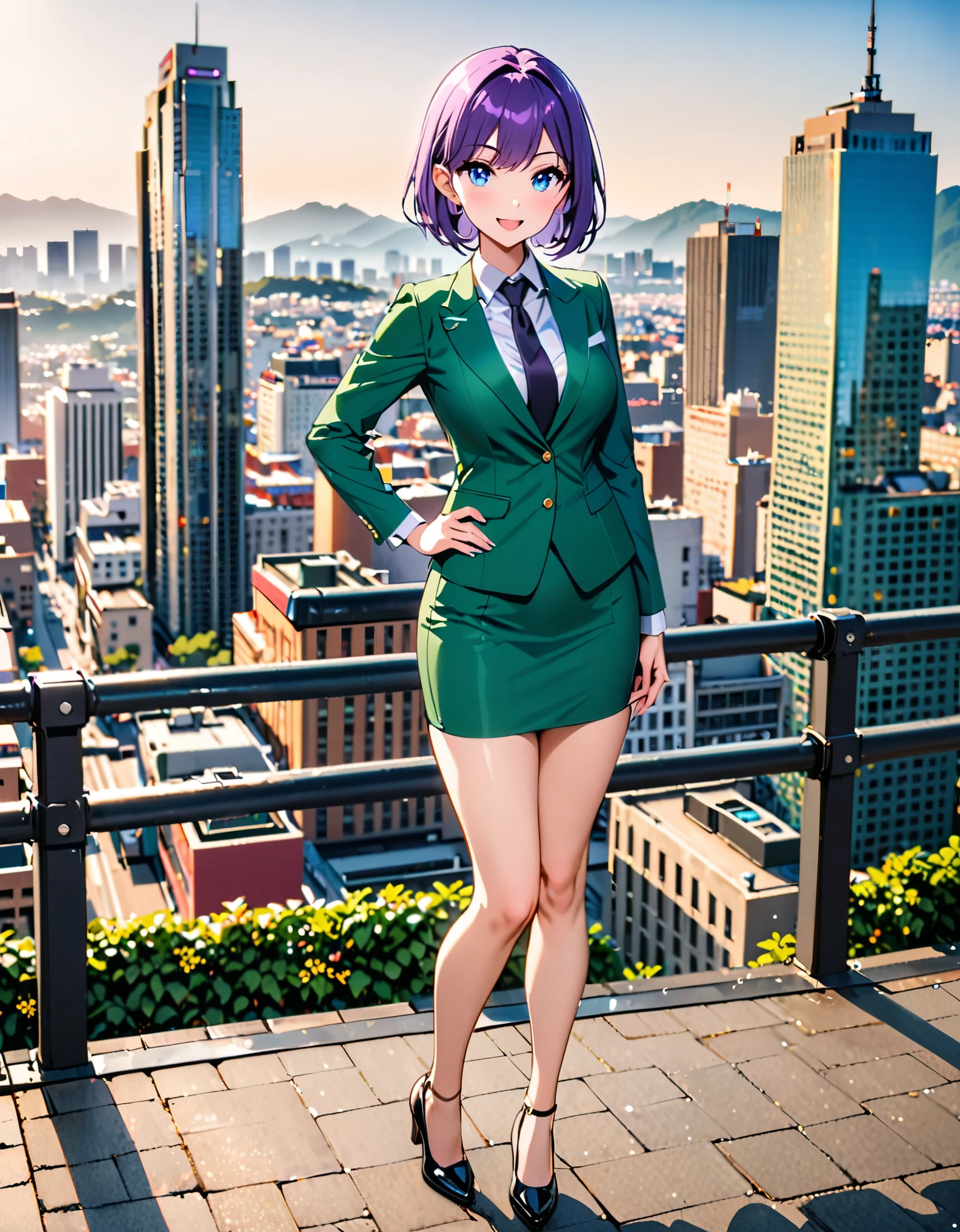 masterpiece, best quality, highres, 1girl, solo, green suit and tie, pencil skirt, miniskirt, bare legs, matching shoes, looking at viewer, city backdrop, perfect hands, perfect eyes, perfect legs, perfect arms, perfect fingers, medium breasts, standing, purple hair, short hair, bob hair, blue eyes, standing, smile, full body with costume, :d