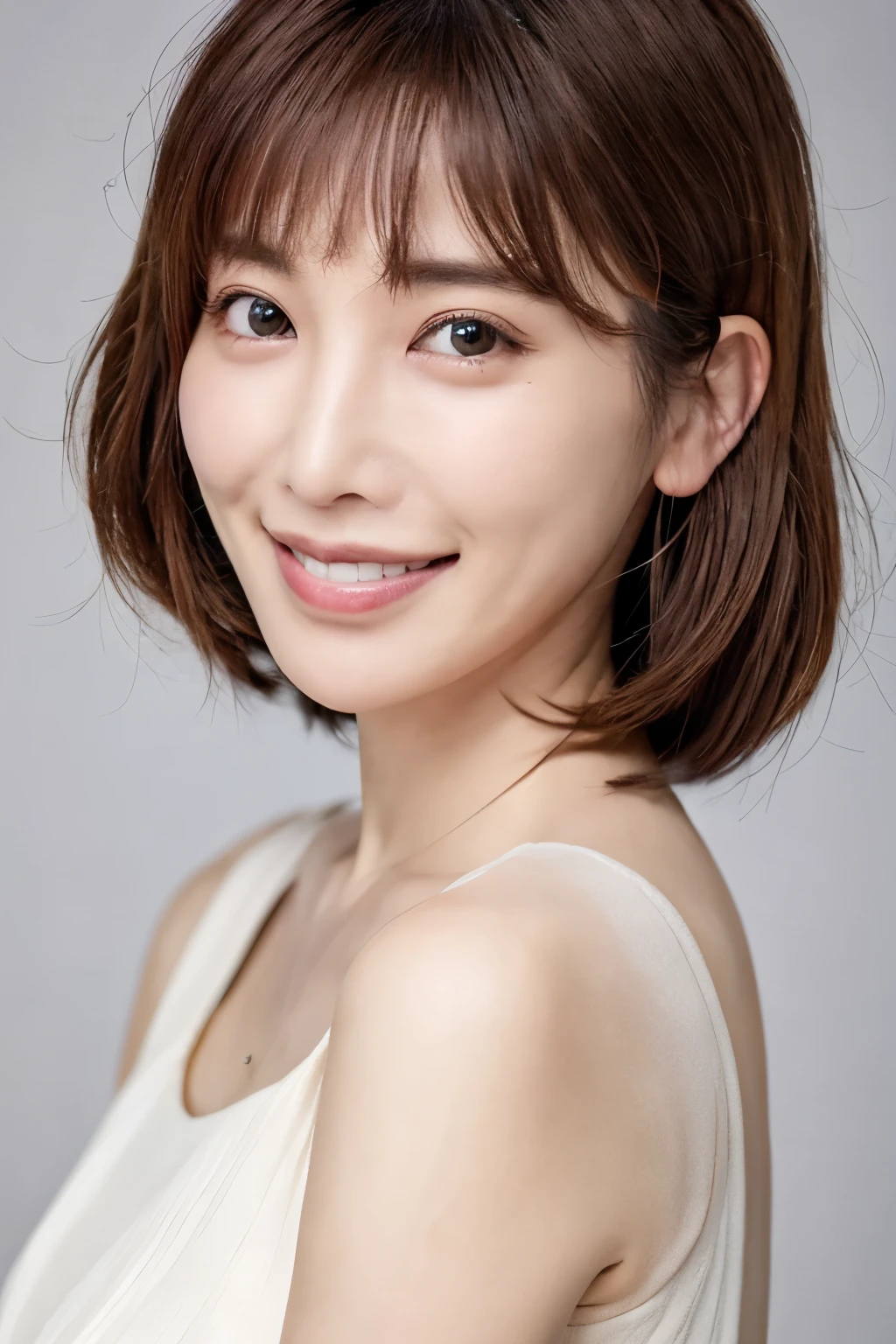perfect human body structure, ((Best Quality, 8K, Masterpiece: 1.3)), 1 Girl, Slim Abs Beauty: 1.3, (Hairstyle Brown Hair Shortcut, Big: 1.2), Dress: 1.1, Super Slender Face, Delicate Eyes, Double Eyelids, Smile, Home, Raw Photo