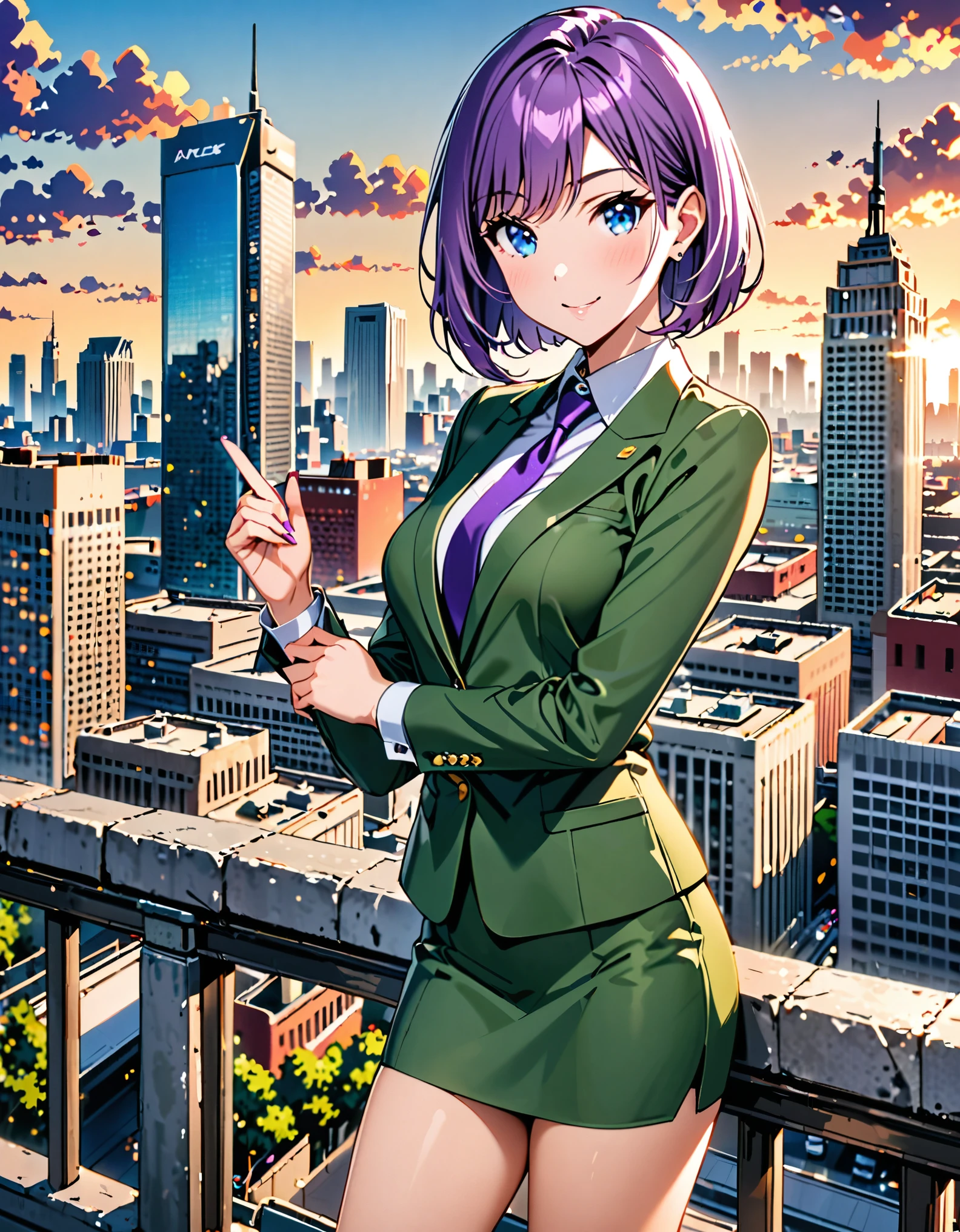 masterpiece, best quality, highres, 1girl, solo, green suit and tie, pencil skirt, miniskirt, bare legs, matching shoes, looking at viewer, city backdrop, perfect hands, perfect eyes, perfect legs, perfect arms, perfect fingers, medium breasts, standing, purple hair, short hair, bob hair, blue eyes, standing, smile, full body with costume, :d