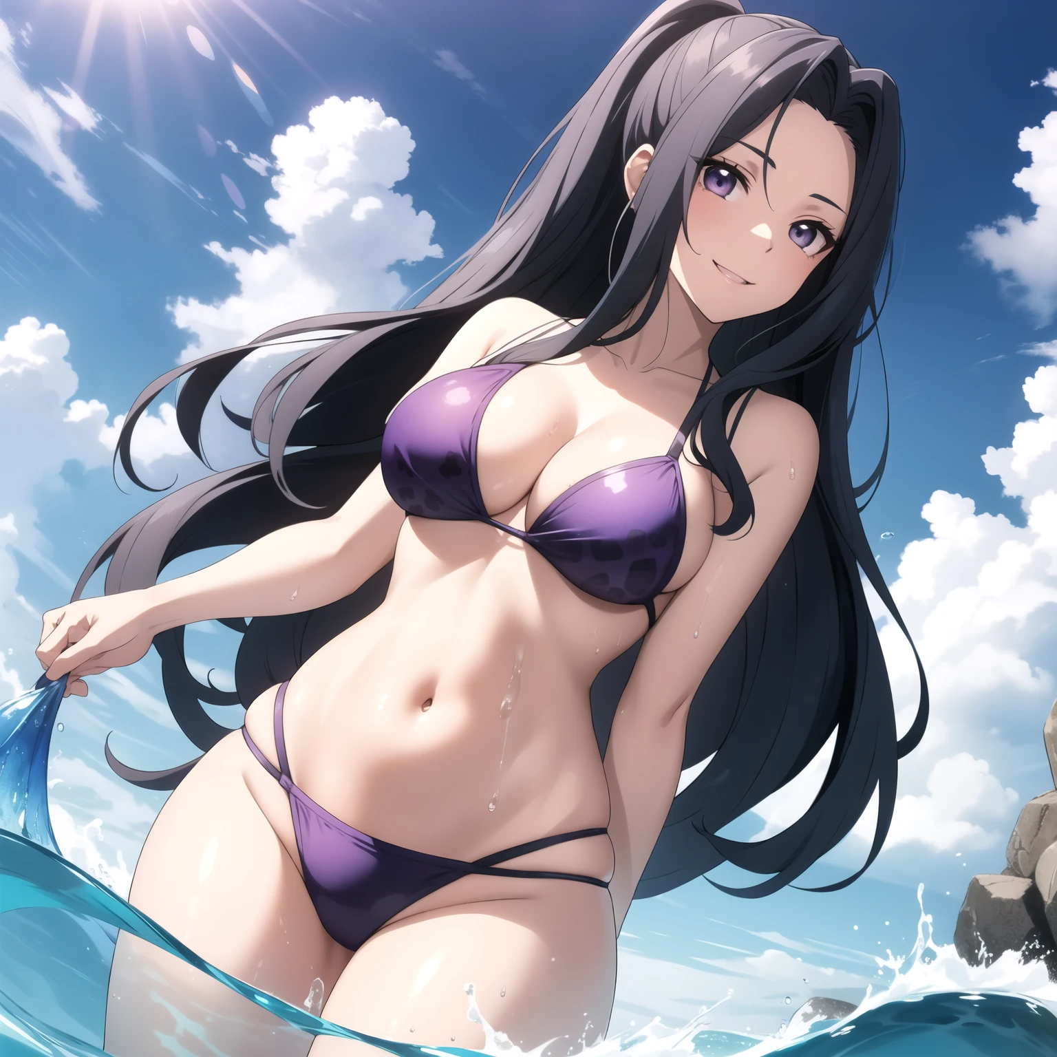 Melty Q Melromarc, Female 27 years old, cabello azul ondulado brillante, sonrisa coqueta. rubor, piel clara, pechos grandes, purple jaguar bikini, He is bathing in the middle of the ocean, cuerpo mojado gotas de agua salpicando. sol brillante.