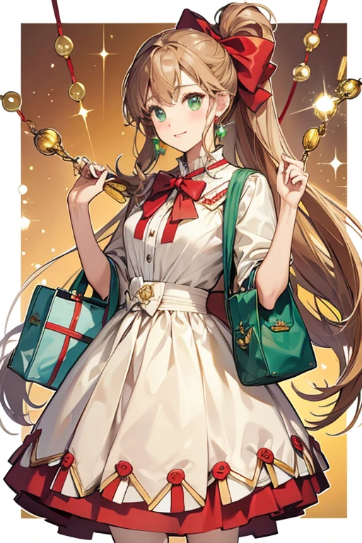 Chite's Jewel Charm is hexagon-shaped. Its base color is light brown with a light red bow tied to a sports bag, which labels "Sports". It is decorated with several malachites, with four on the bag, two on the bow, two on each sides of the base, and a large one hanging from the bottom-middle of the bow. SPARKLE; GLITTER