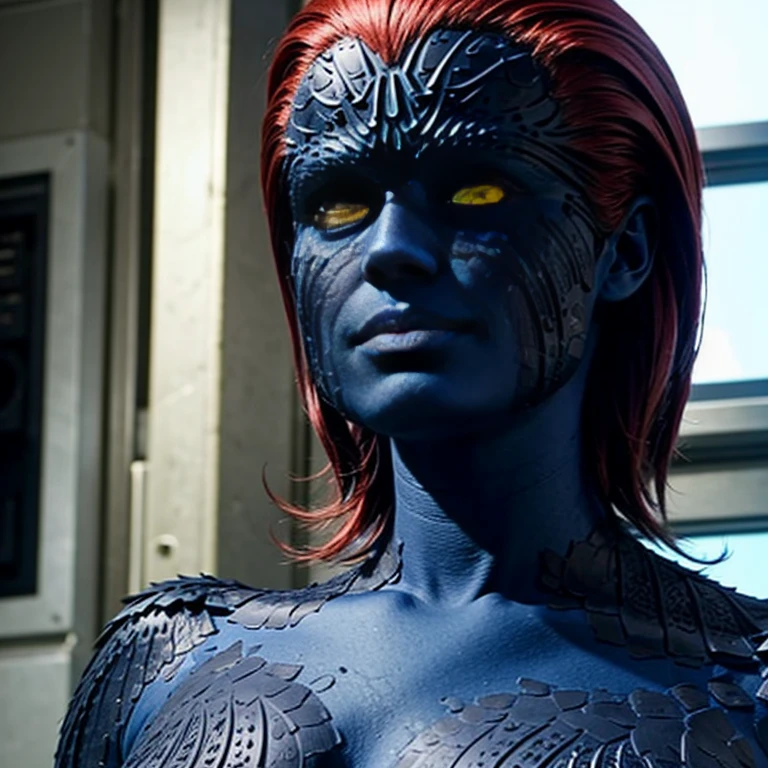 looking at viewer, sexy, solo, in a business room,(mystique, blue skin, red hair, yellow eyes, scales:1.2)