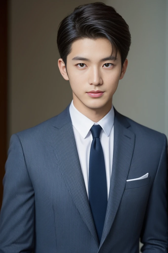 A smiling man,looks into camera,The whole picture is centered on the character,Wearing a dark blue suit,Wear it with a silver-gray tie。He has short hair,Put your hands behind your back,Stand in a well-lit office。