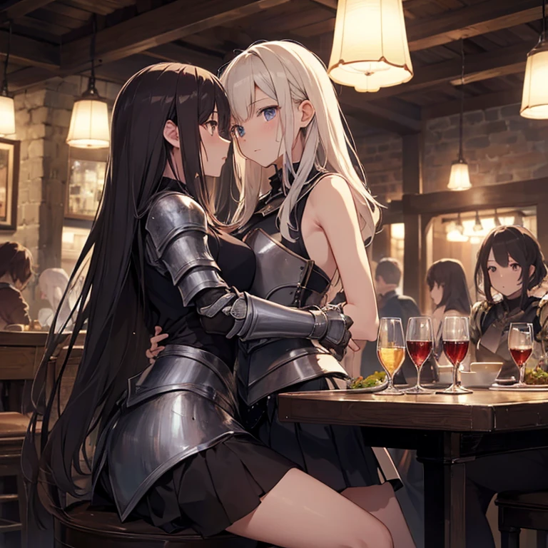 A group of young female knight, (in tavern), various hair styles, harem, wearing armored clothes, metal armor, night, details face, , short skirt, seducing, sword, sleeveless , night, starry night, yuri