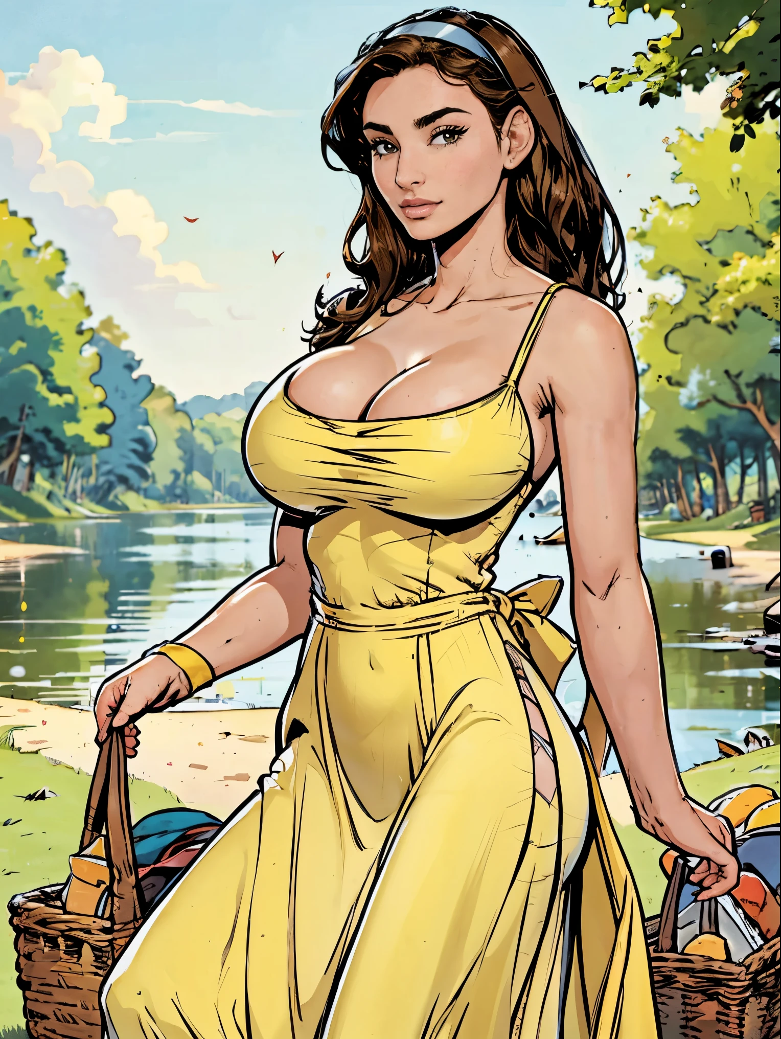 Gorgeous and sultry busty athletic (thin) brunette with sharp facial features and a (large nose) and (huge boobs) wearing a pale yellow sundress, hairband, long dress, skindentation, cleavage, park, lake, picnic