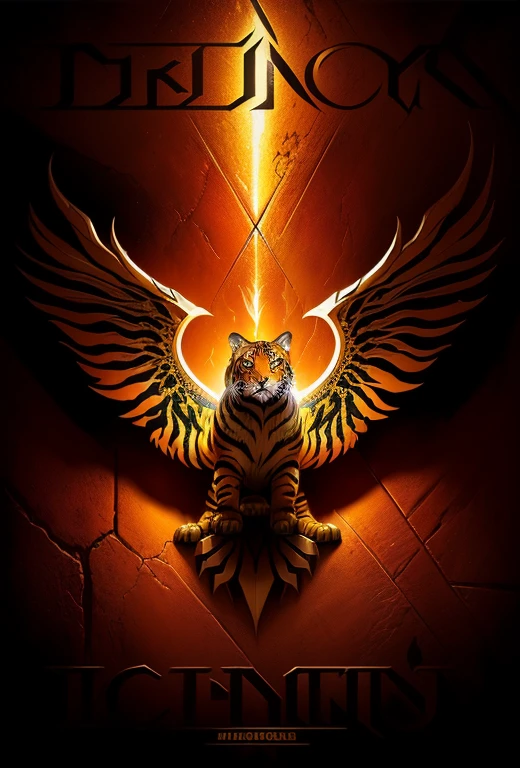 um close de um tigre dourada em uma parede de pedra, fraco, fraco e cansado, Desgaste, pata de tigre, com um emblema de tigre, brass nozzle, roupas de rua, official poster art, arte oficial, majestic symmetrical pata do tigre, Metallic wings, metal album cover, logotipo do tigre, feito em bronze, album art cover, pata de ouro, power metal album cover