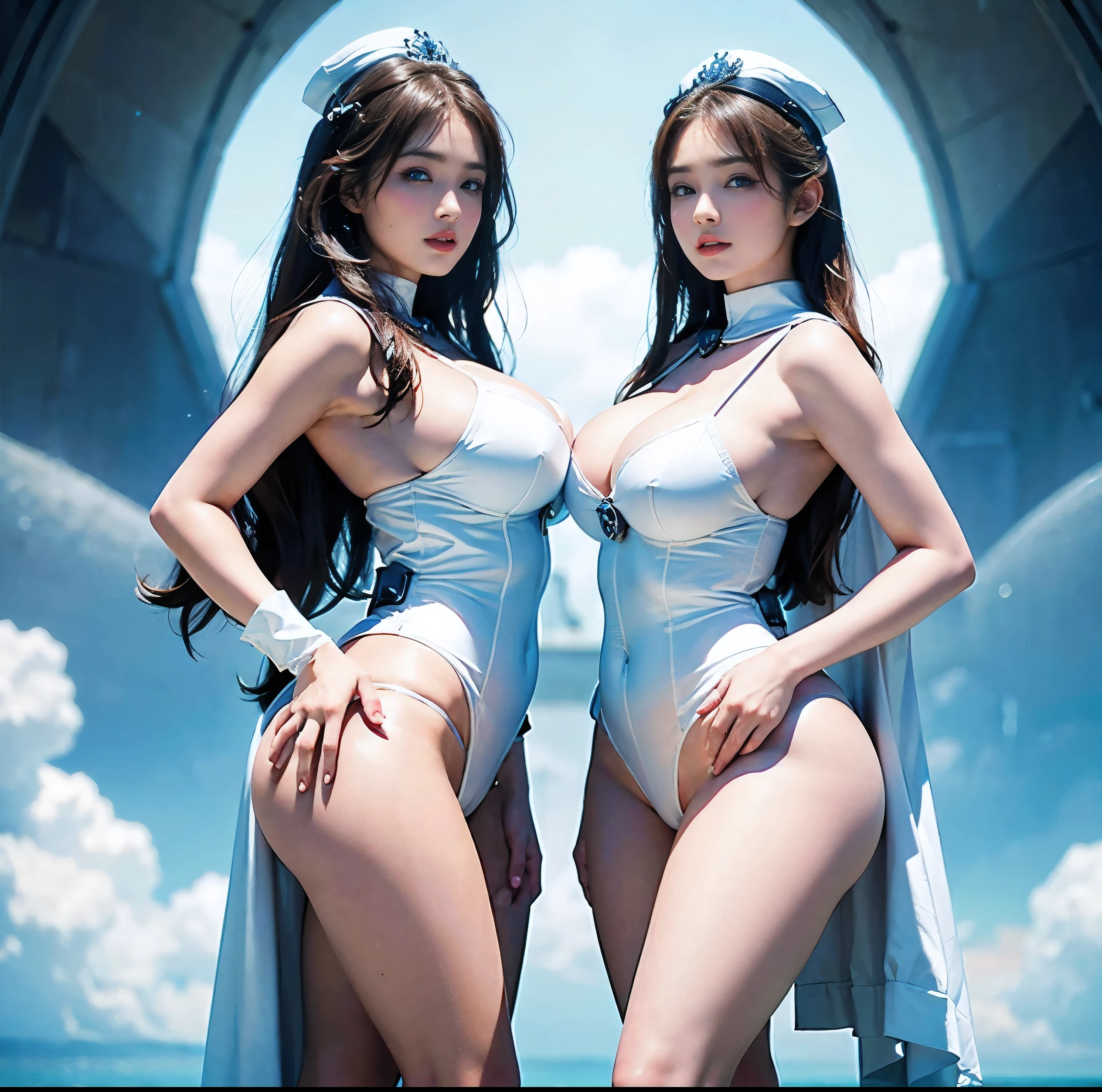 Highest quality, 8K quality, Masterpiece, Two busty women standing side by side, (Super big breasts compressed by hand:1.2), Whitening skin, Sparkling Blue Eyes, Naked with a sailor collar, Above the knee,  (Protruding and accentuated booty), Super big breasts in a frontal view, (White panties), grabbing own ass