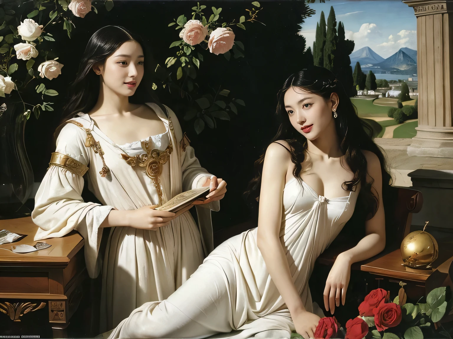 Female angel with two white wing,full body portrait or statue、Sandro Botticelli painting style,Arguments of two female Philosophe,math、astronomical machine、astronaut、roses in vase、fruits、Cute trinkets、smile、ancient greek costume、Ancient Roman landscape in the style of Nicolas Poussin,laughter,,Sweet and seductive appearance.、Caravaggio's paintings、Chiaroscuro of Caravaggio、hair tousled by the wind,Two women frolicking,cute smile, expression of ecstasy,Sexy,erotic
