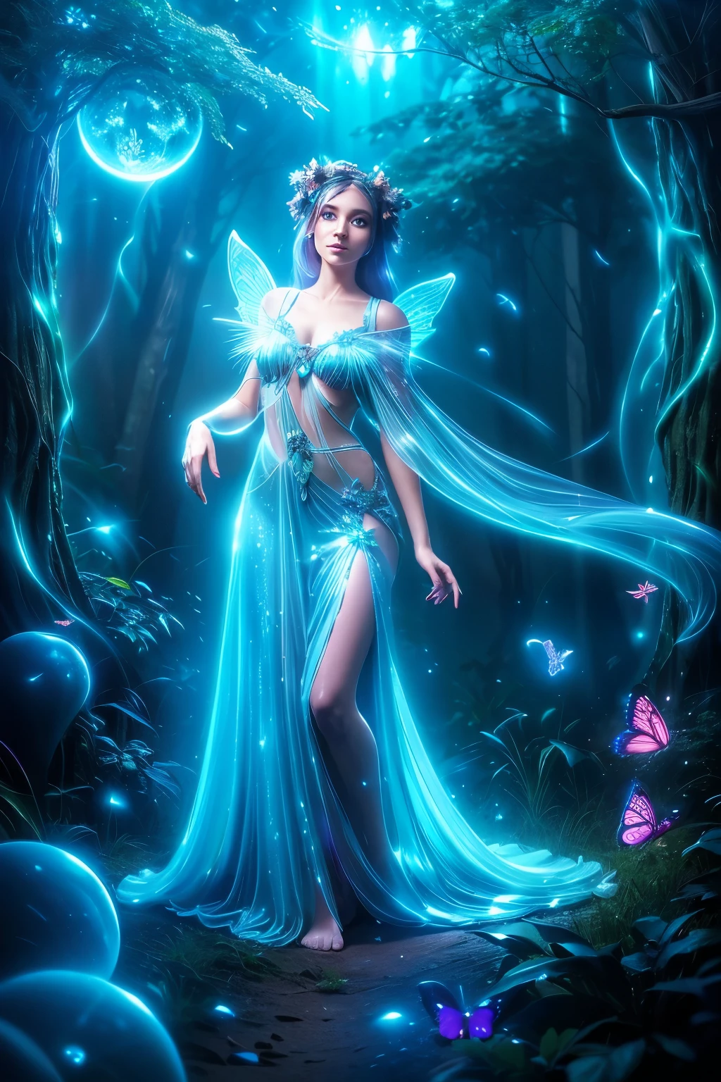 biomimetic beautiful fairy woman, bioluminescent, illuminating a dimly lit forest trail, butterflies, bubbles, stars, fireflies, birds, squirrels, deer, 8k resolution, art style