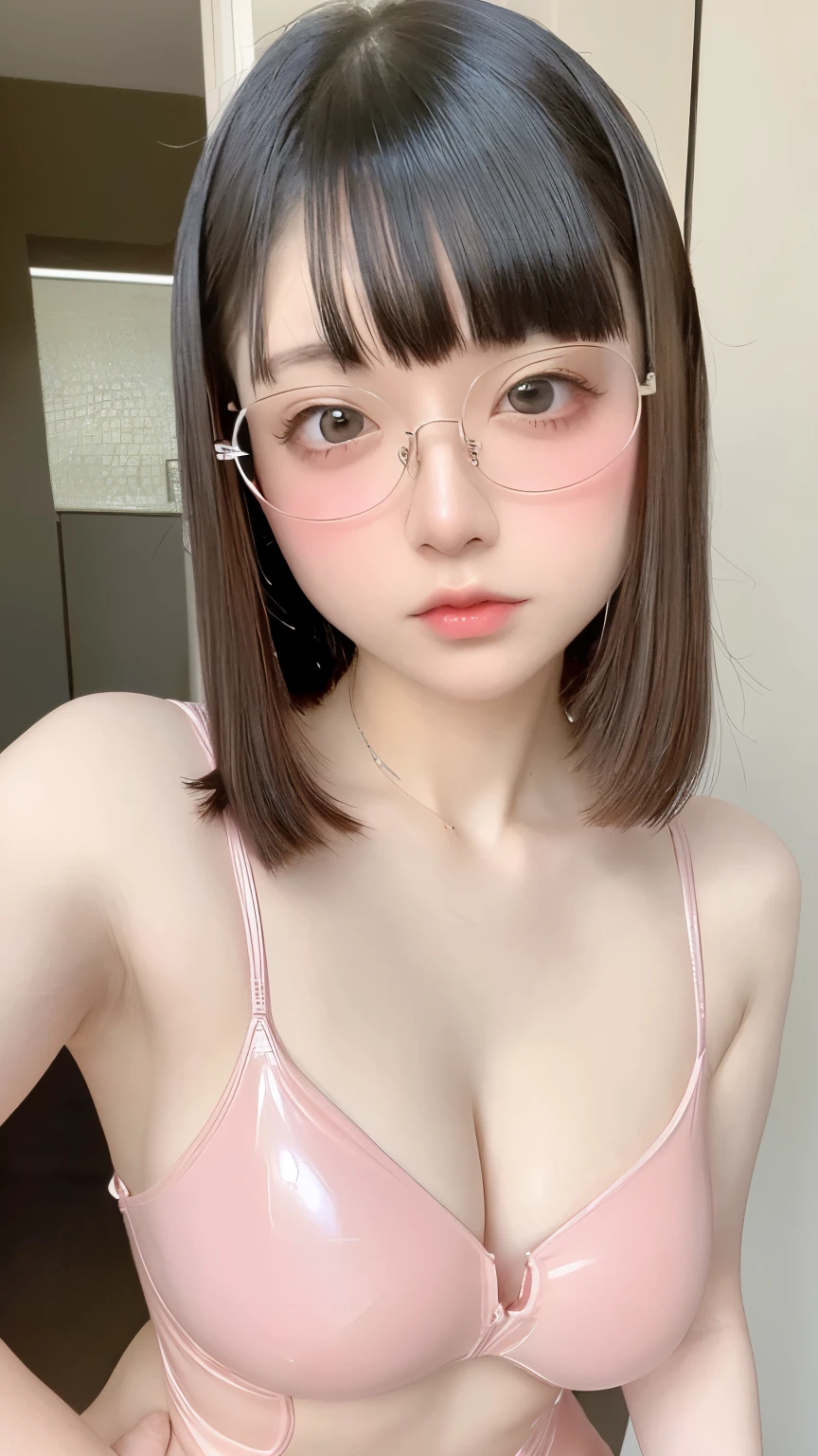 Beautiful and fair、Radiant Skin, 3 Up, Gorgeous, bright, Refreshing and gentle expression, Perfect beautiful face、Beautiful shiny bangs, A very beautiful girl, Eyeliner, Very perfect eyes,Very large breasts,Grooves reveal original skin,Muscular body,Light pink latex suit,Upper Body,Silver glasses