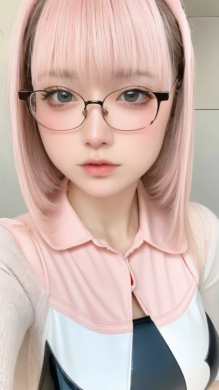 Beautiful and fair、Radiant Skin, 3 Up, Gorgeous, bright, Refreshing and gentle expression, Perfect beautiful face、Beautiful shiny bangs, A very beautiful girl, Eyeliner, Very perfect eyes,Very large breasts,Grooves reveal original skin,Muscular body,Light pink latex suit,Upper Body,Silver glasses
