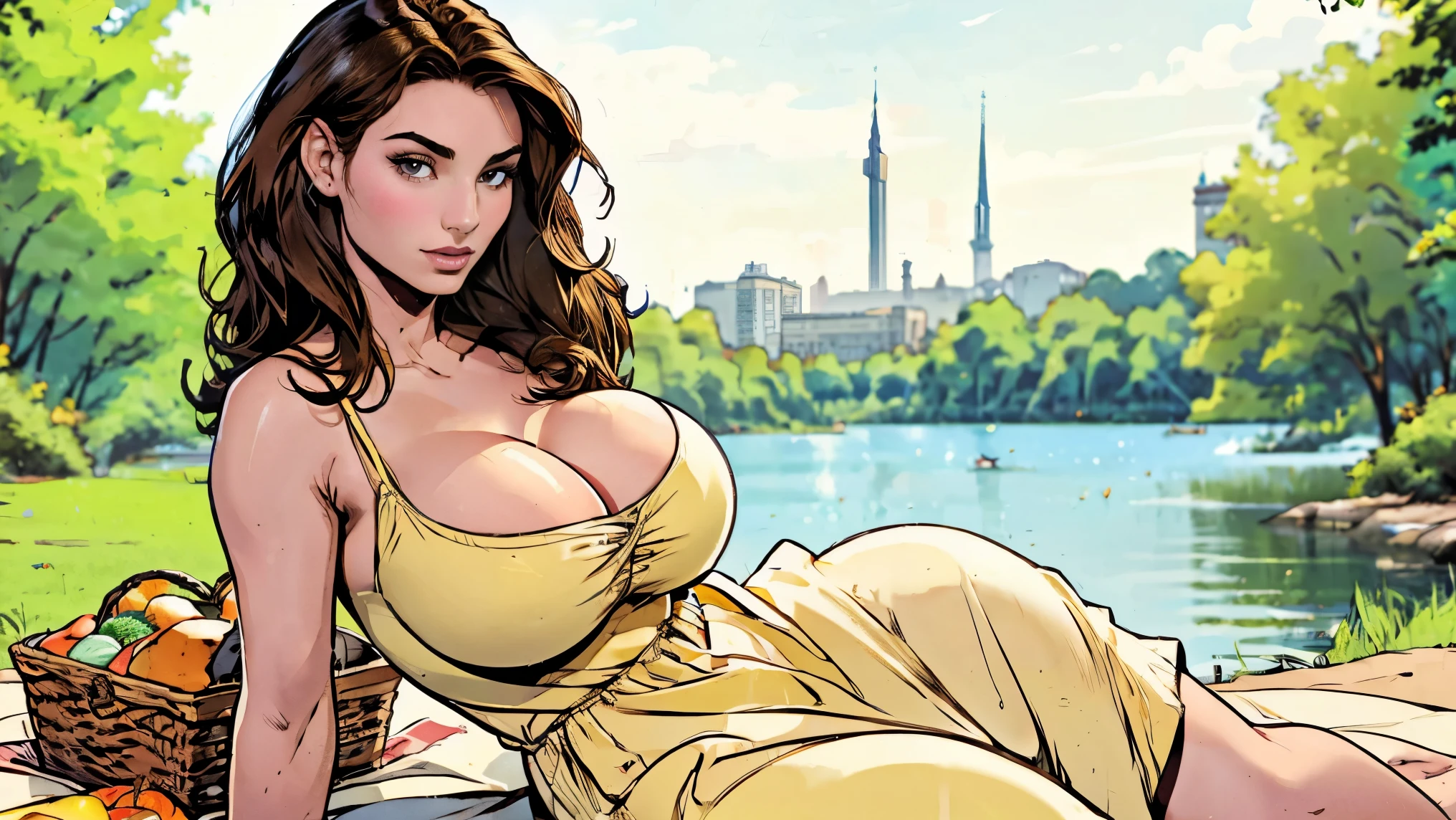 Gorgeous and sultry busty athletic (thin) brunette with sharp facial features and a (large nose) and (huge boobs) wearing a pale yellow sundress, long dress, skindentation, cleavage, park, lake, picnic