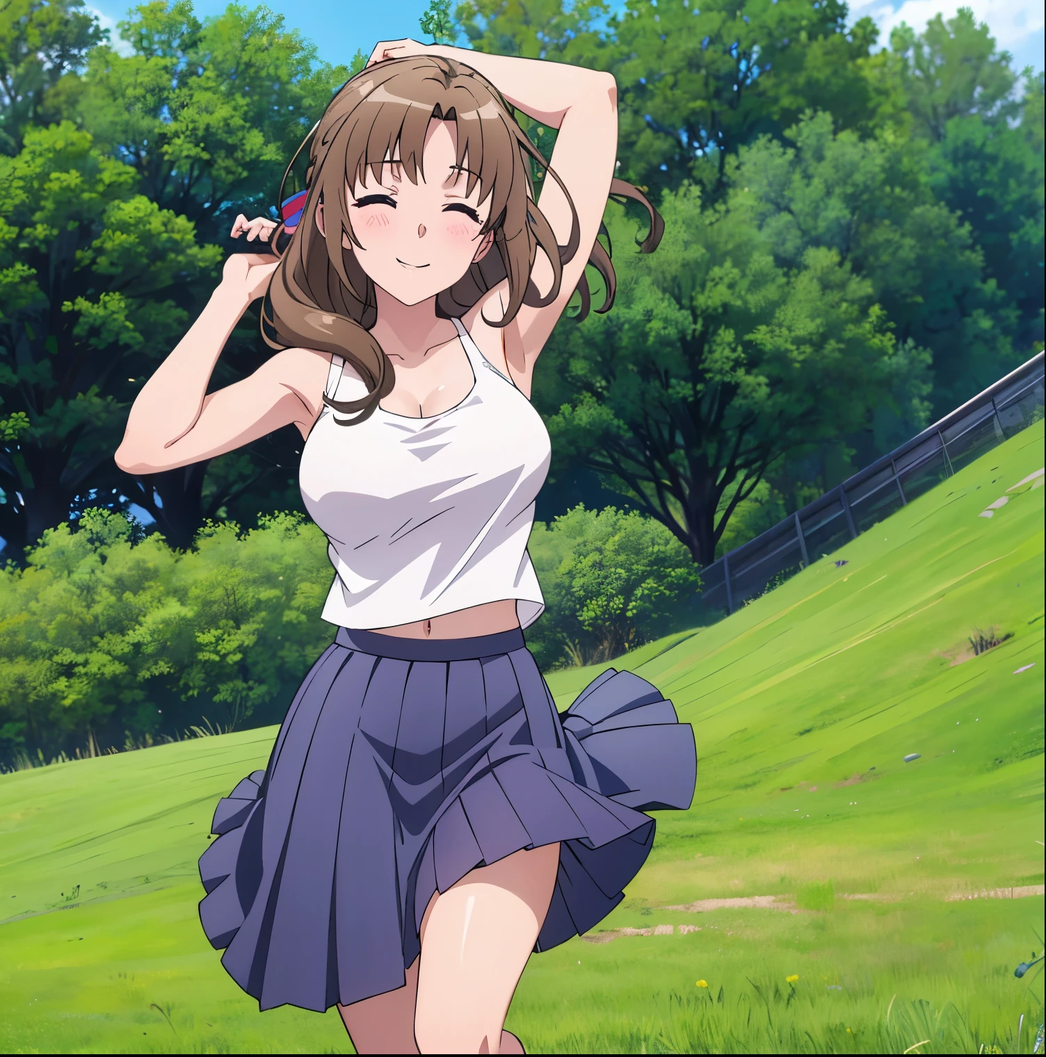 1girl, alone,Mamako oosuki, purple eyes, white pupils, big breasts, smile, blush, looking at viewer, happy, arms up, eyes closed, ((blue loose skirt)), ((white tank top)), (((skirt flipping))), ((windy)), ((flowing wind)), ((grassy field)), blue sky, perfect quality, good quality, full body,masterpiece, HDR, UHD , perfect hands, perfect anatomy,