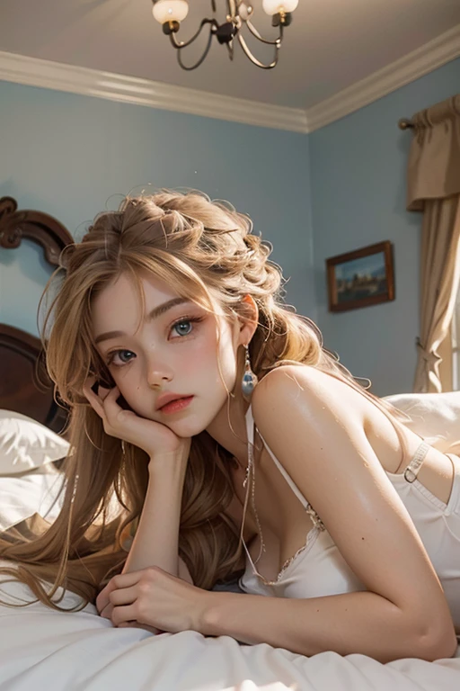 masterpiece, highest quality, High resolution, 12-year-old girl、blue eyes、
blonde,  Braiding、Long Hair、Red dress、White socks、White panties、Classic Western-style architecture、bed、Lying on your back、Look at the ceiling