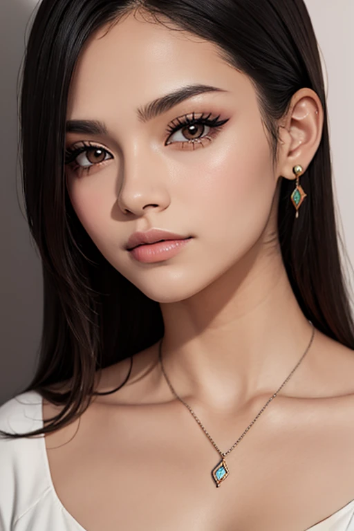 The image depicts a close-up portrait of a friend with medium-length straight black hair, estilizados com uma risca central. She has a warm skin tone and her makeup is meticulously applied., apresentando sobrancelhas bem definidas, long eyelashes and neutral lipstick. She has a nose ring and is wearing a delicate necklace with a crescent-shaped pendant with radiant lines.. Your shoulders and upper chest are visible, revealing extensive, colorful tattoos covering both arms and chest area. As tatuagens parecem ser complexas, depicting various designs and patterns. She is wearing a white blouse with a deep neckline and the inscription "Amor". The background is simple and discreet, ensuring the focus remains on her. The lighting in the image is soft and flattering, highlighting your facial features and the details of your tattoos. The overall composition of the photo is striking and balanced, criando um retrato envolvente e cativante.