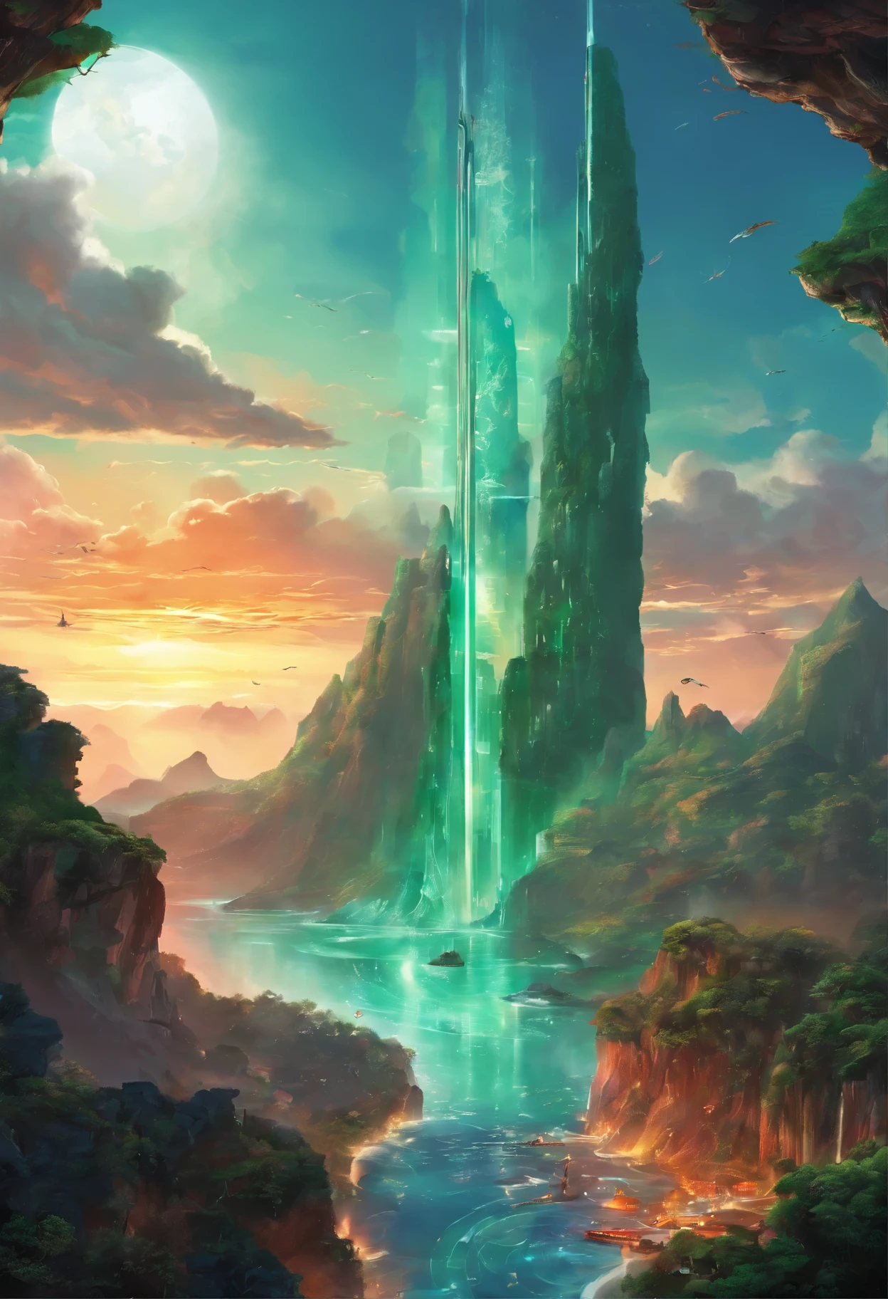 Painting: The jade sun shines in the sky、
The sea is burning like a merciless planet。
A bird gazes into the distance、
A volcano is erupting in the distance。