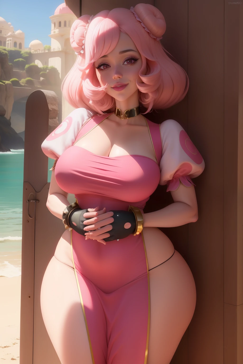 pnkdamond, cabello rosado, Ojos rosados, Cabello largo, gema del estomago, piel rosada, tonificado,
mangas cortas hinchadas, guantes de codo , muslos blancos, vestido hinchado,
de pie, parte superior del cuerpo,
espacio exterior,
(incredibly detailed, hermoso rostro detallado,Hermosos ojos detallados, obra maestra, mejor calidad) cinematic lighting, sonrisa,