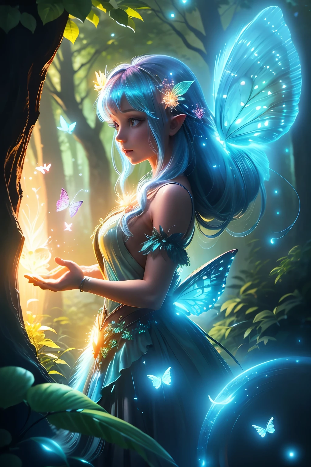 biomimetic beautiful fairy woman, bioluminescent, illuminating a dimly lit forest trail, butterflies, bubbles, stars, fireflies, birds, squirrels, deer, 8k resolution, art style