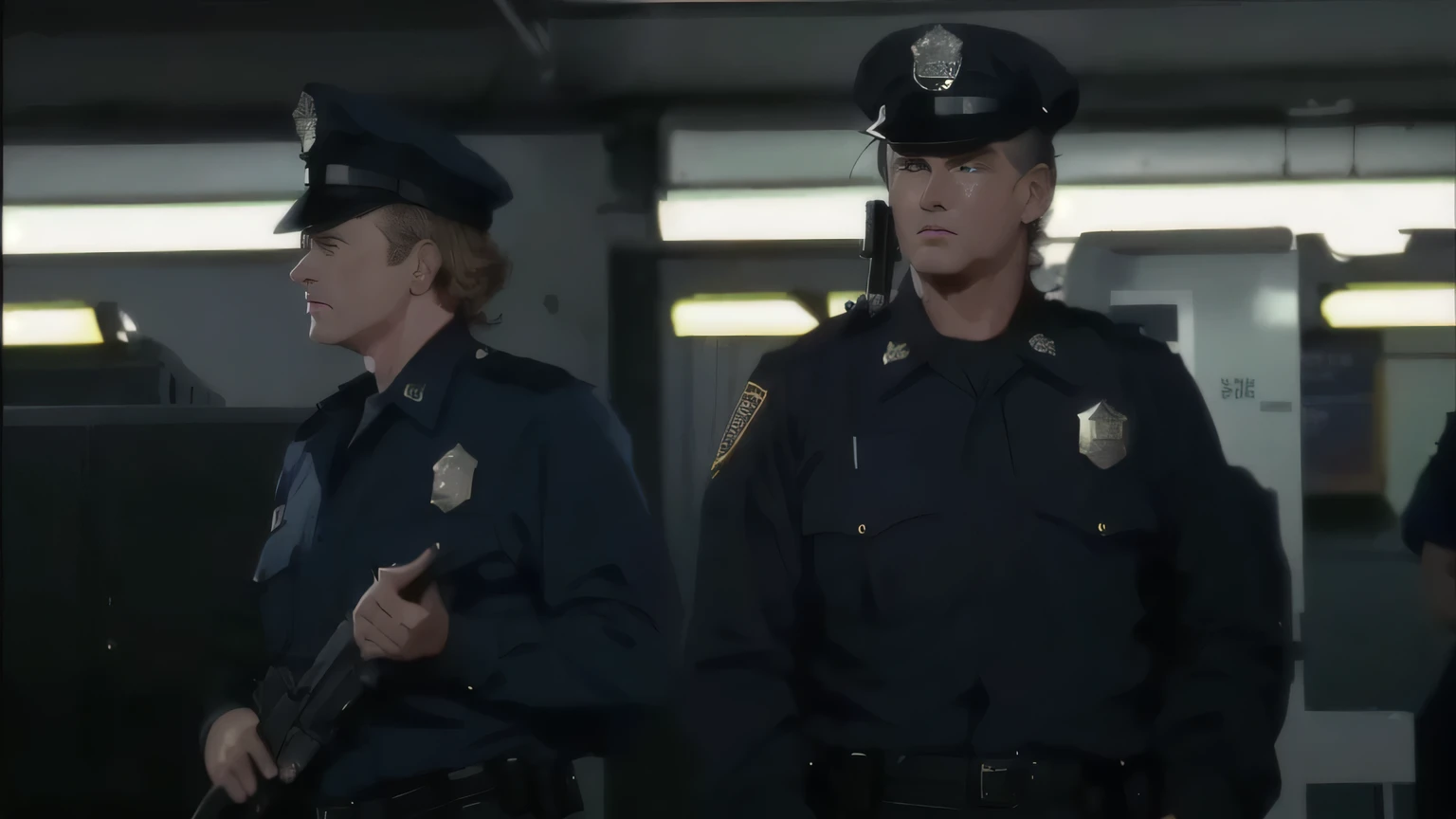 two police officers standing in a station with their guns, from police academy 2 (1985), 1 9 8 6 movie screenshot, scene from live action movie, screenshot from the 1983 film, movie screencap, scene from a 1 9 7 3 film, police officers, 1980 cinematography, nypd, still from a live action movie