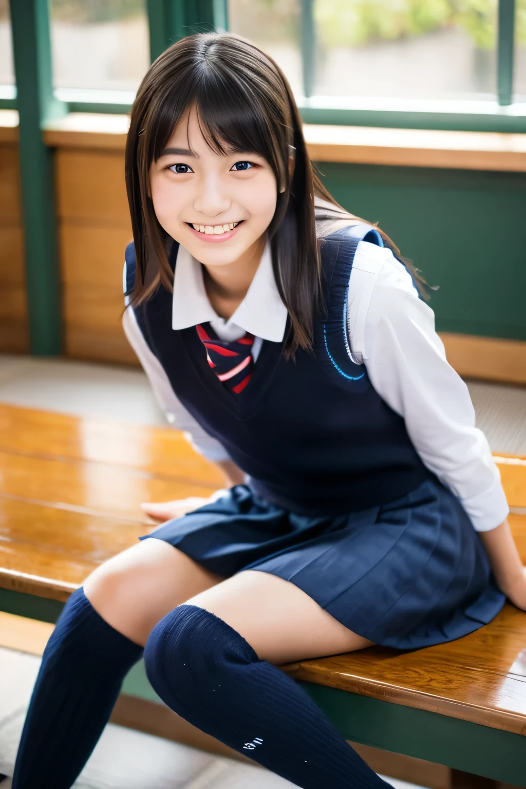 ((masterpiece)), japanese, (a girl), (18 years old), (((school uniform))), smiling, indoor, dark blue knit vest, thighs, 