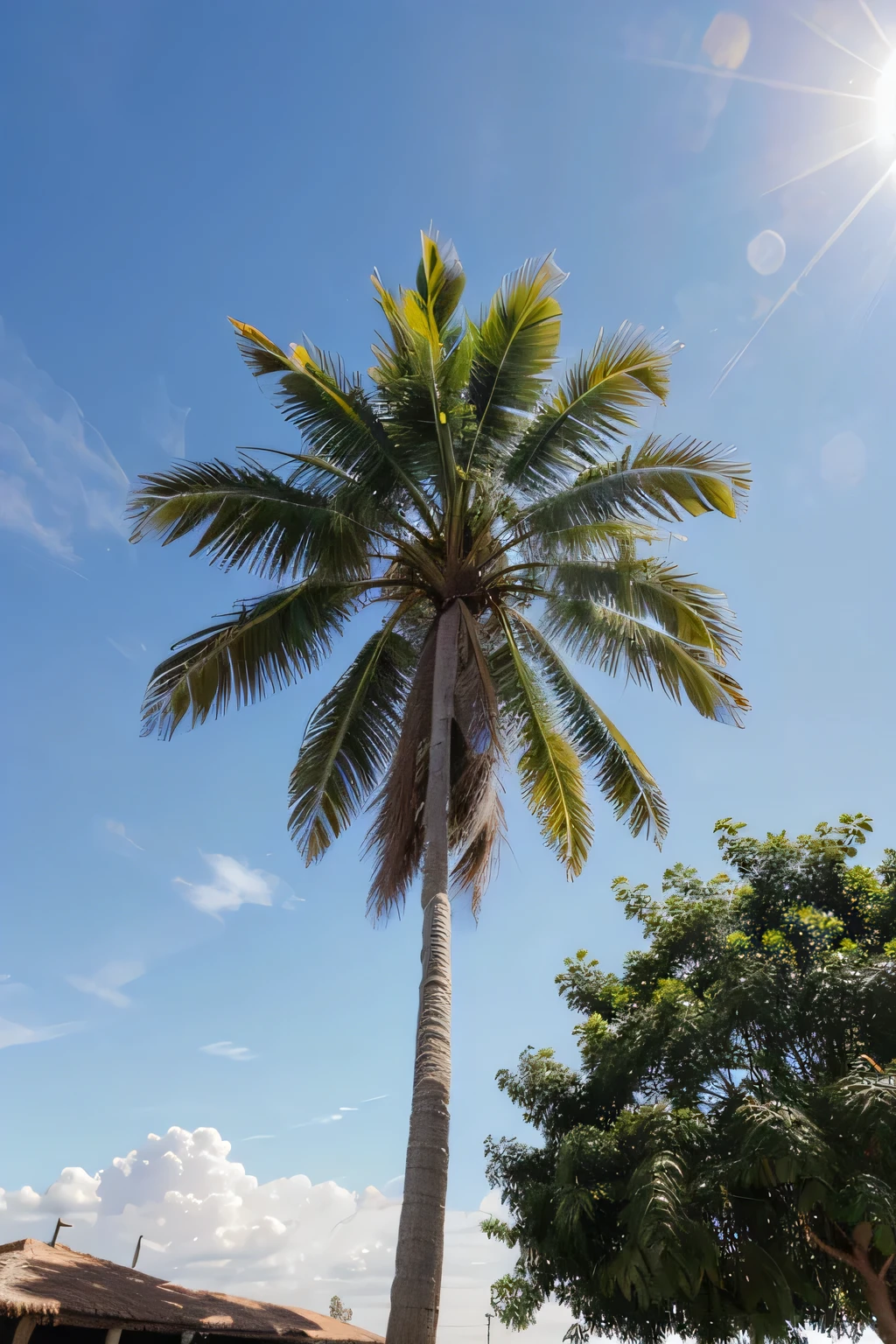 big and old Indian coconut palm tree against clear sky