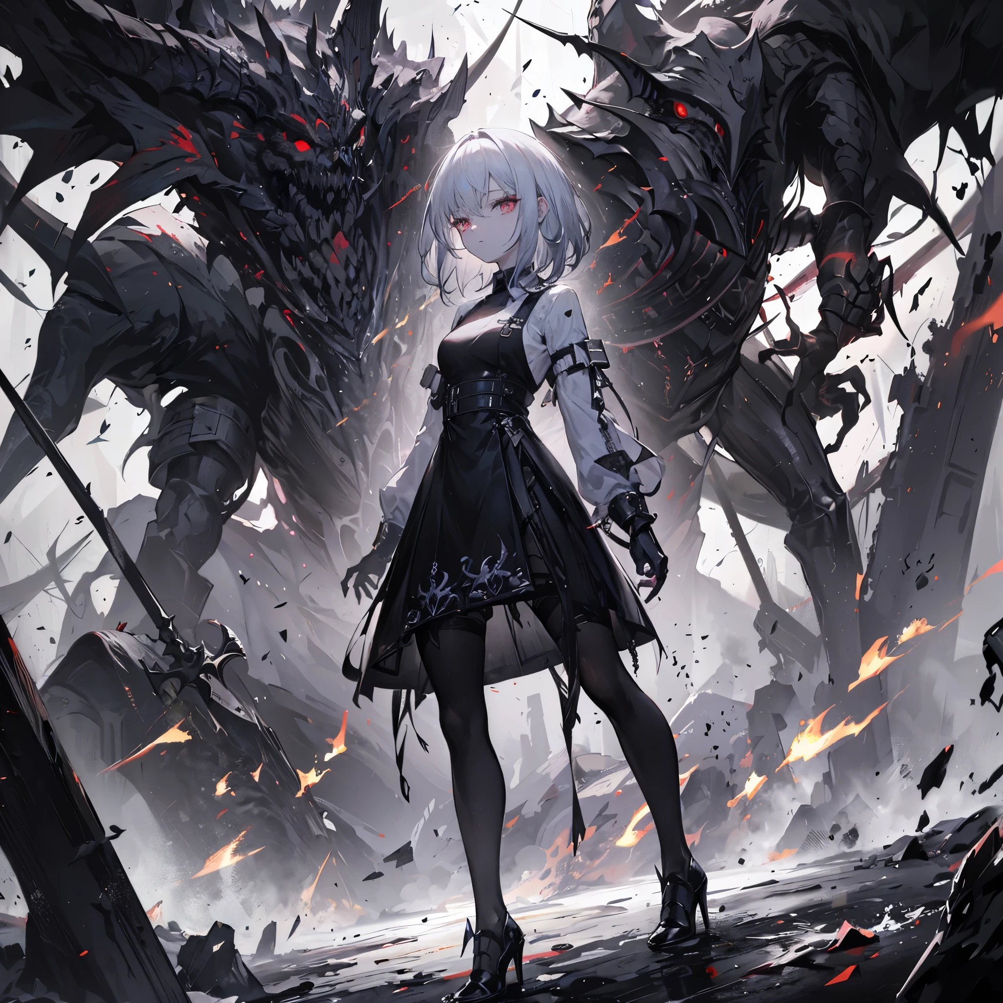 Nardak,Raw, (Complex and meticulous), 1 Girl, Solitary, Pale skin, Poker face, (Black Cotton Waist Sling Dress:1.1), White long-sleeved folded collar solid color shirt + tie +Suspender A-line skirt, Black tights, High heel, Bandages can slim waist, (Dark Fantasy:1.2), (Final Boss:1.25), White horror theme, Magnificent, ((Wonderful illustrations)), (Detailed splash),