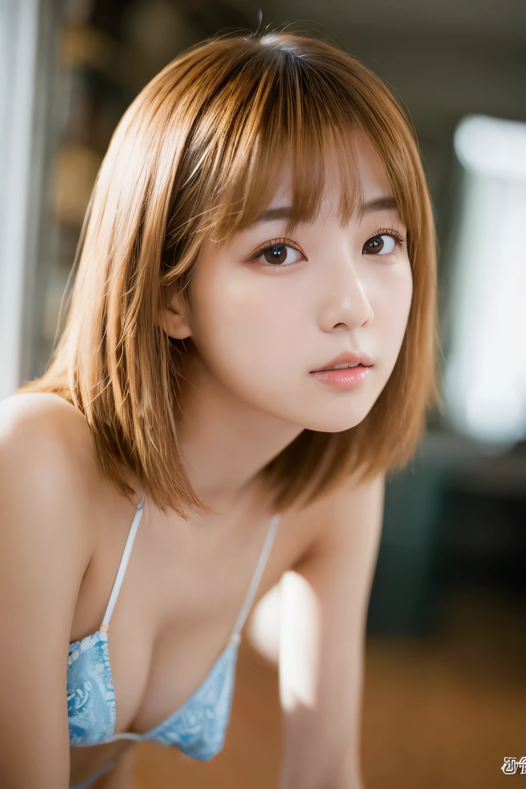 Cute Japanese Girls、Idol、のCute Japanese Girls、Micro Bikini、(8K、Raw photo:1.2)、Detailed face and eyes、最high quality、Ultra-high resolution、Very detailed、Intricate detailasterpiece、pretty girl、Soft cinematic light、Hyper Detail、Sharp Focus、high quality、Blonde、Bobcut、NSFW、camisole、Upper body from the knee up