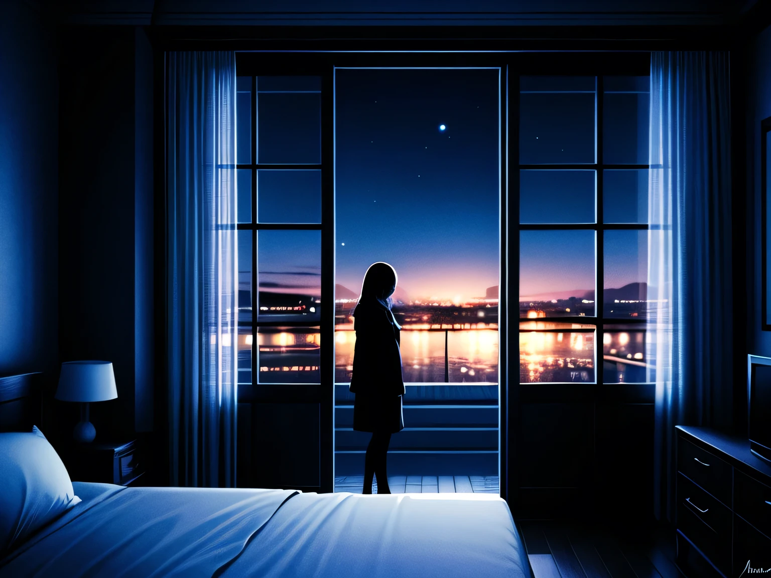 bedroom,night,night scene，Beautiful woman standing by the window