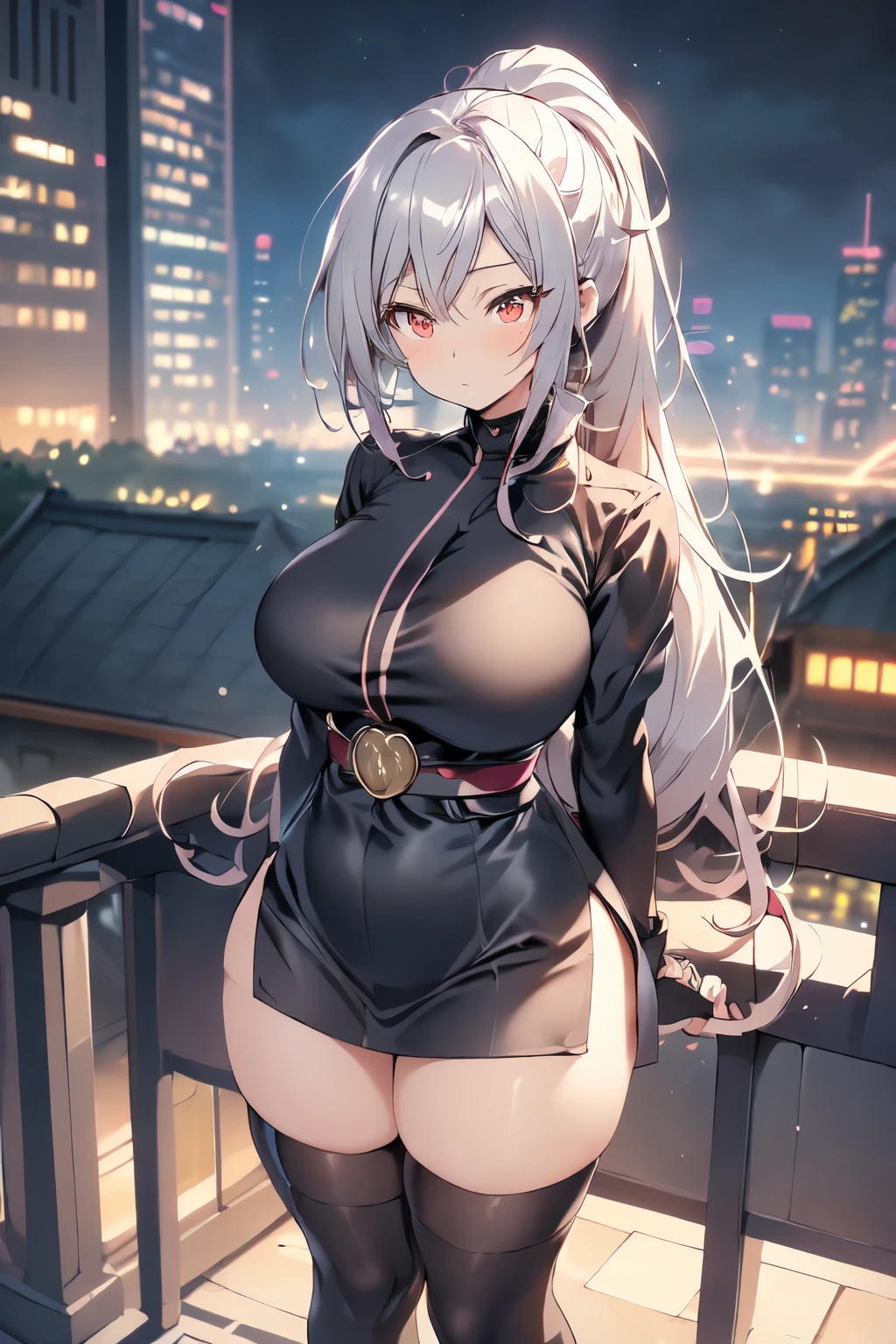 anime, (artwork, best quality, ultra-detailed, high contrast), 1 woman brasilian (Alone, full body, plus size body, standing on the edge of the skyscraper, silver hair, LONG In a ponytail, red eyes, perfect eyes ruby sparkles, (simple black kimono, black cybernetics with neon pink), transparent black socks), (skyscraper roof, overlooking a city, detailed background ((night time, Darkness, low light pollution)))