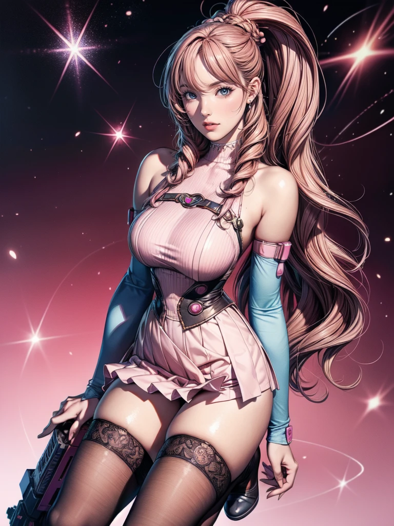 High resolution, highest quality, masterpiece, Very high quality, Super detailed, Surreal, 3D, anime, An illustration, Fantasy, Hard Rock Girl, So beautiful and cute, Pink wavy hair, Side braid, mini skirt, Knee-high socks, Engineer boot, background cyberpunk city galaxy