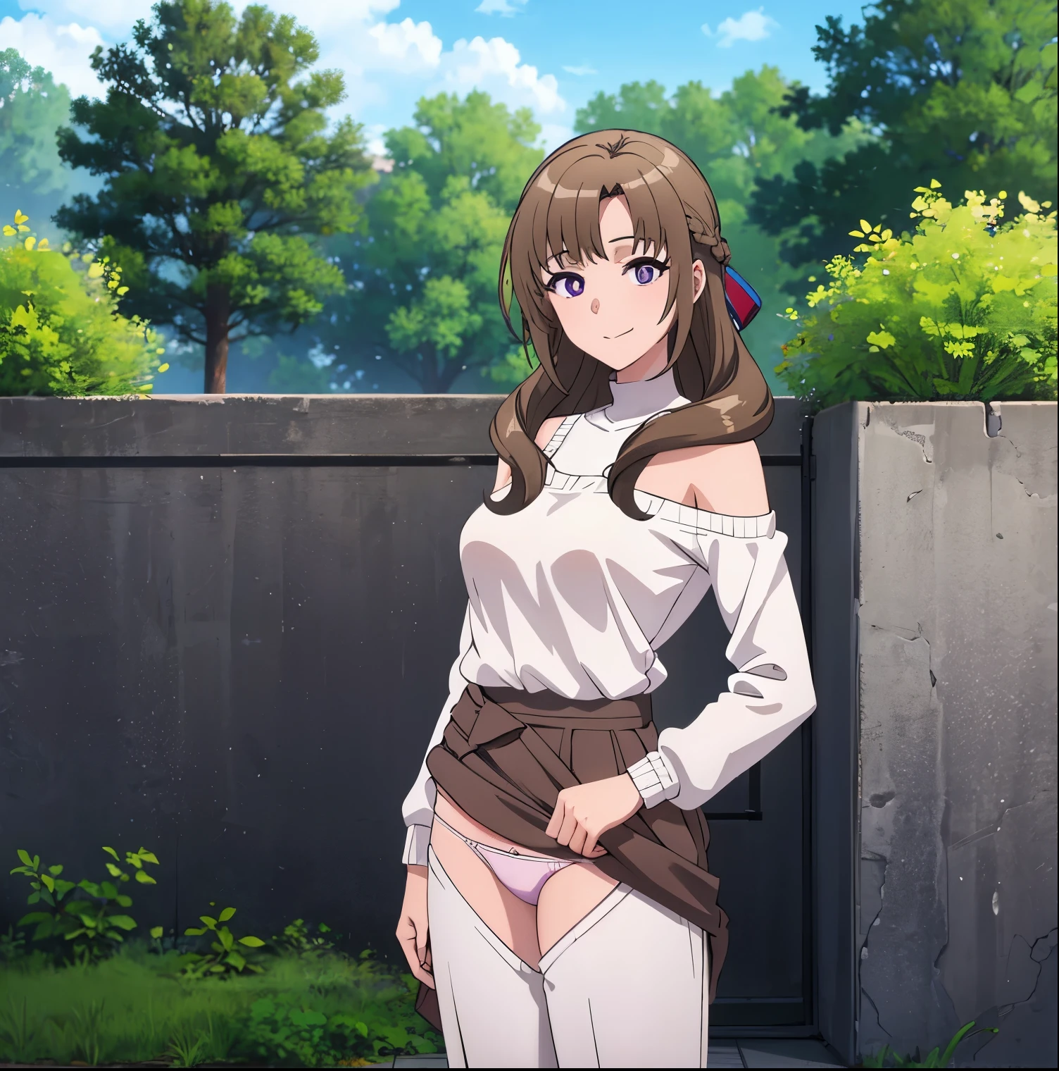 1girl, alone, mamako oosuki,masterpiece,(best quality),natural lighting,RTX,beautiful,vibrant colors,8k,(detailed face:1.2),brown hair,long hair, (hair down),purple eyes,(perfect eyes:1.1),mature female,big breasts,sexy woman, full body
white shirt,pants,sweater,ribbon,closed clothes,bare shoulders,skirt,
smile,
looking at viewer,
((show off pantie)), perfect hands, perfect anatomy