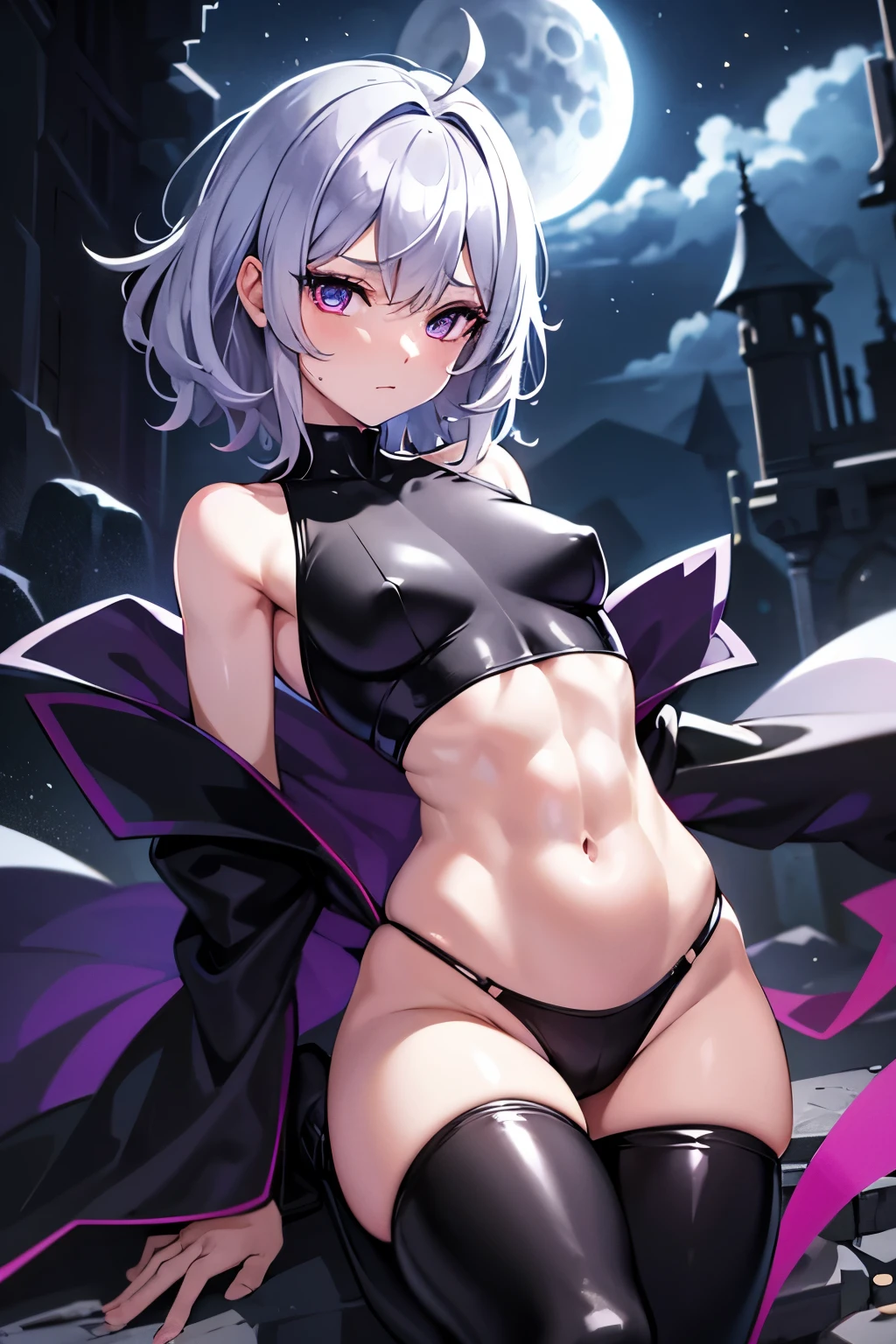 best quality, super fine, 16k, incredibly absurdres, extremely detailed, delicate and dynamic, cute boyish goddess, short bouncy silver messy hair, captivating look, aroused expression, purple eyes, thin flat body line, black ninja-like outfit, cropped shirt, abs, knee-length pants, hiding in an old castle, night, moon light