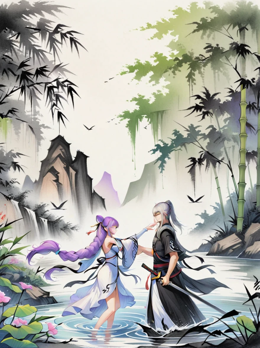 (1yj1)，Ink Painting，1girl，1boy，(Swords intersect)，Face-to-face combat，Purple Hair，Purple Eyes，Long hair，Gray hair，Ponytail，(A couple on the water)，Wearing exquisite Chinese Tang Dynasty Mingguang armor，Behind is a bamboo forest，sword，landscape，Ultra HD，Freehand style，majestic，Natural light, (Couples focus), ((portrait)), (The work should transition from the black and white pencil drawing style on the left half to the bright colors on the right half, ensuring that the two halves blend seamlessly without any dividing lines. Shown with detailed black and white pencil strokes on the left and filled color on the right, creating a harmonious blend throughout the image)