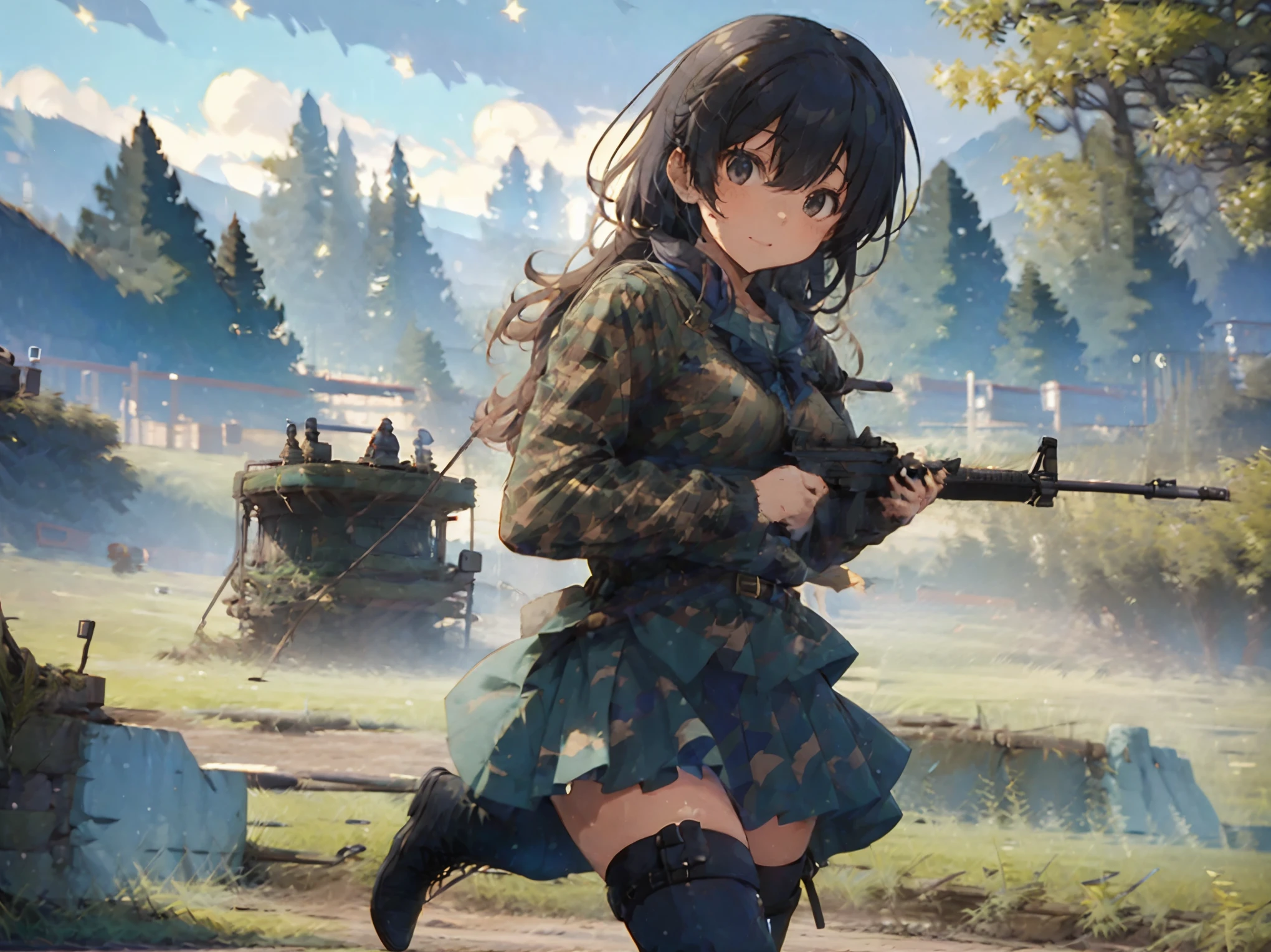 School girl with a rifle、1 team、 in forest camouflage miniskirt uniform、Dark brown military boots、Hold the rifle and aim at the target、Fresh green forest and night and starry sky