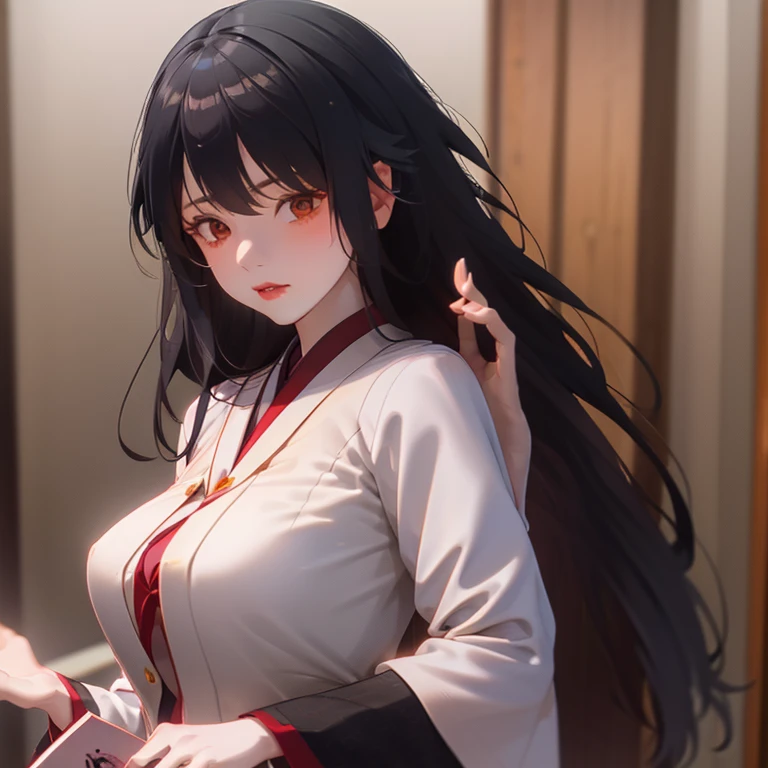 Create an image of a n4k3d black haired kitsune girl m45turb4t1ng