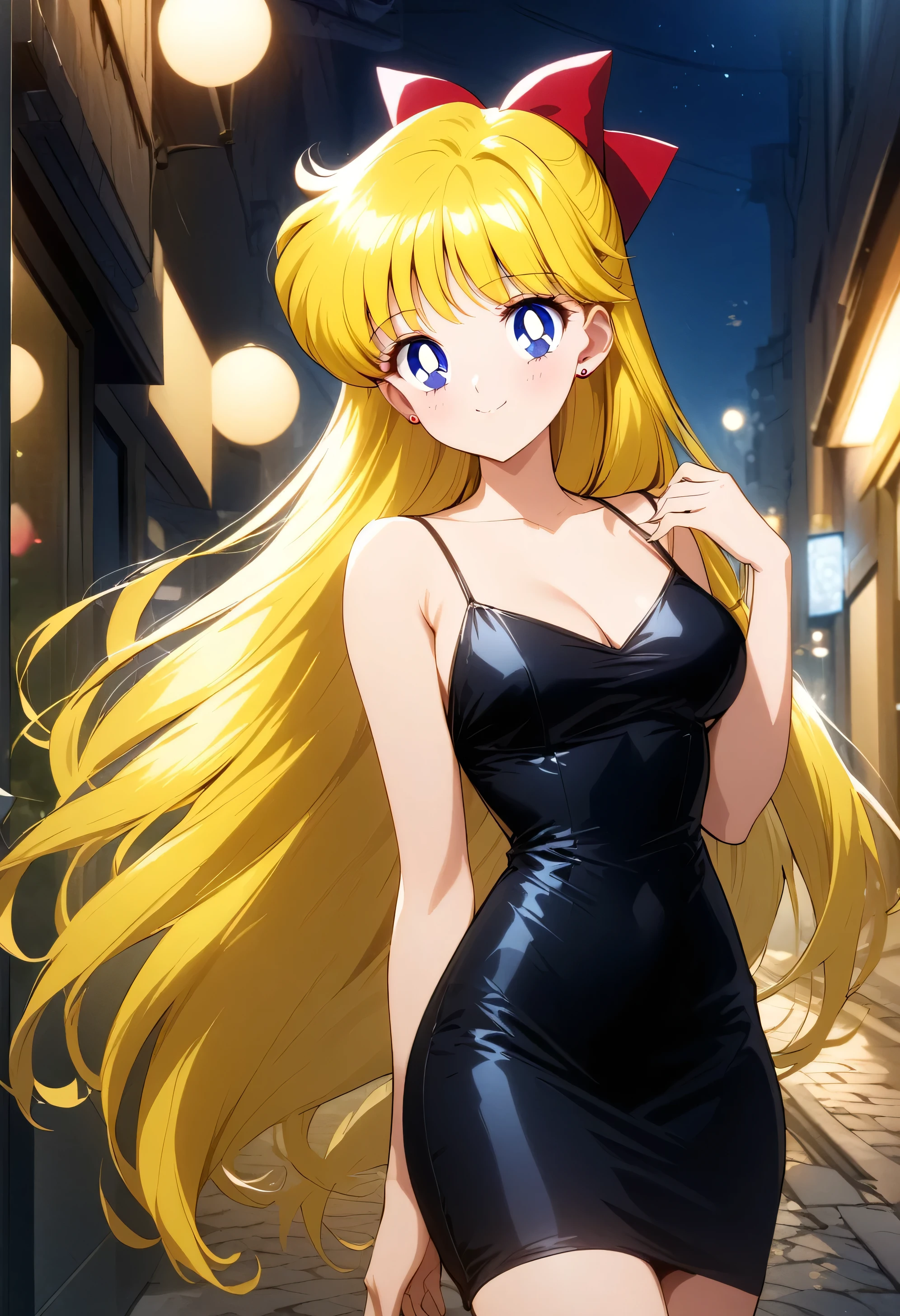 masterpiece, best quality, very aesthetic, absurdres, aavenus, long hair, blonde hair, hair bow, blue eyes, earrings, taut dress, spaghetti strap, black dress, sleeveless, night, street, standing, cowboy shot, medium breast, smile, black high heels