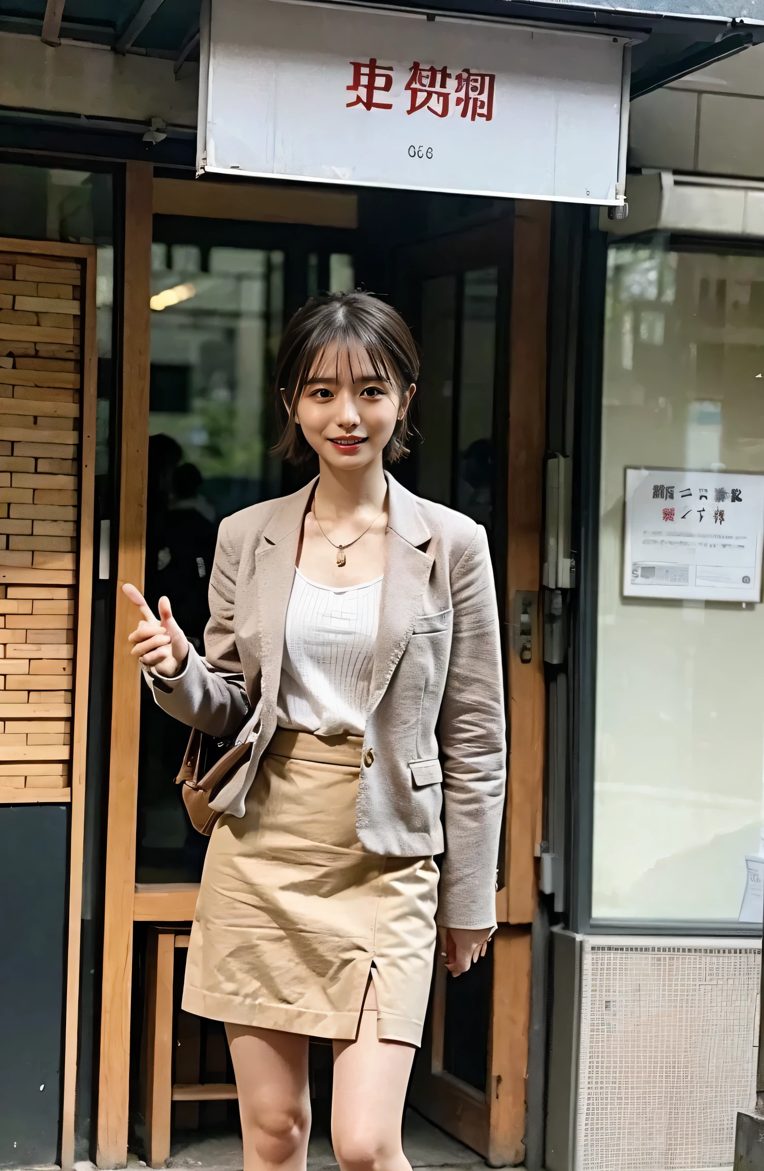 Elegant attire、peace sign、A lovely smile、（（Nagoya street corner））、Full body photo、ring、Luxurious clothing、Short skirt、Tuck your hair behind one ear、Silver Necklace、smile、 elegant ponytail、Caustics、Highly detailed photos、Very beautiful eyeedium Short Hair、Swollen breasts、Super no makeup、(8k、RAW Photos、highest quality、masterpiece:1.2)、(Realistic、Realistic)、1 girl、((Medium Short Hair、Looking into the camera:1.4))、Hair blowing in the wind
