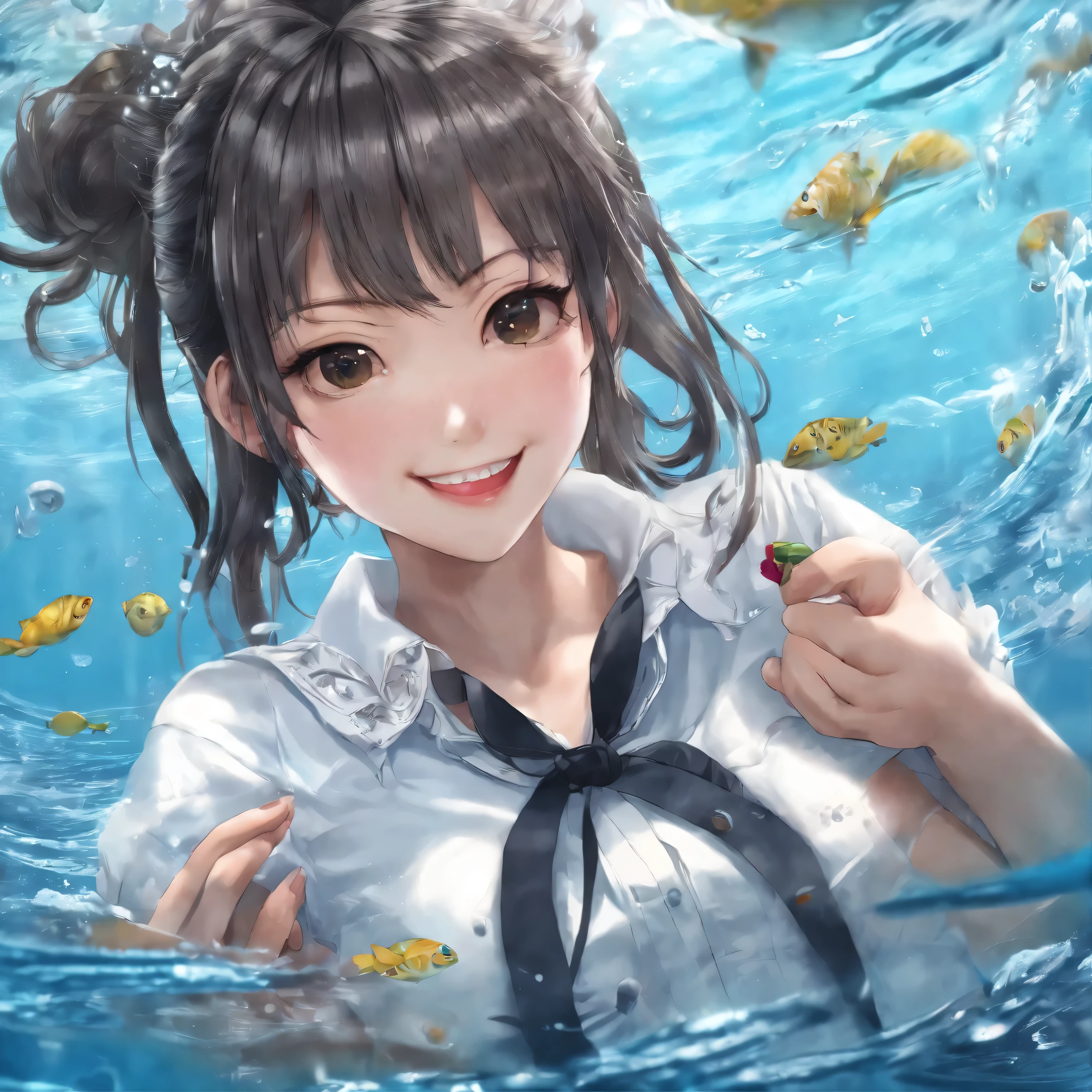 (Photo taken from underwater: 1.2), (Close up), ((Top quality)), ((Masterpiece)), (Details), (Japanese:1.3), black hair, young wife, squeaky clean, short height, Pretty wife, Upward glance, Pigtails, Flaky skin, Very happy smile, Side braid, Big eyes, Cute, Thighs, Braids, Blue ribbon with white embroidery, Full body, at the old hotel made of ice, (having parfait with both hands), Wear a white button-down shirt and low-rise jeans (detailed outfit: 1.5), hot and sweating, white and long ribbon