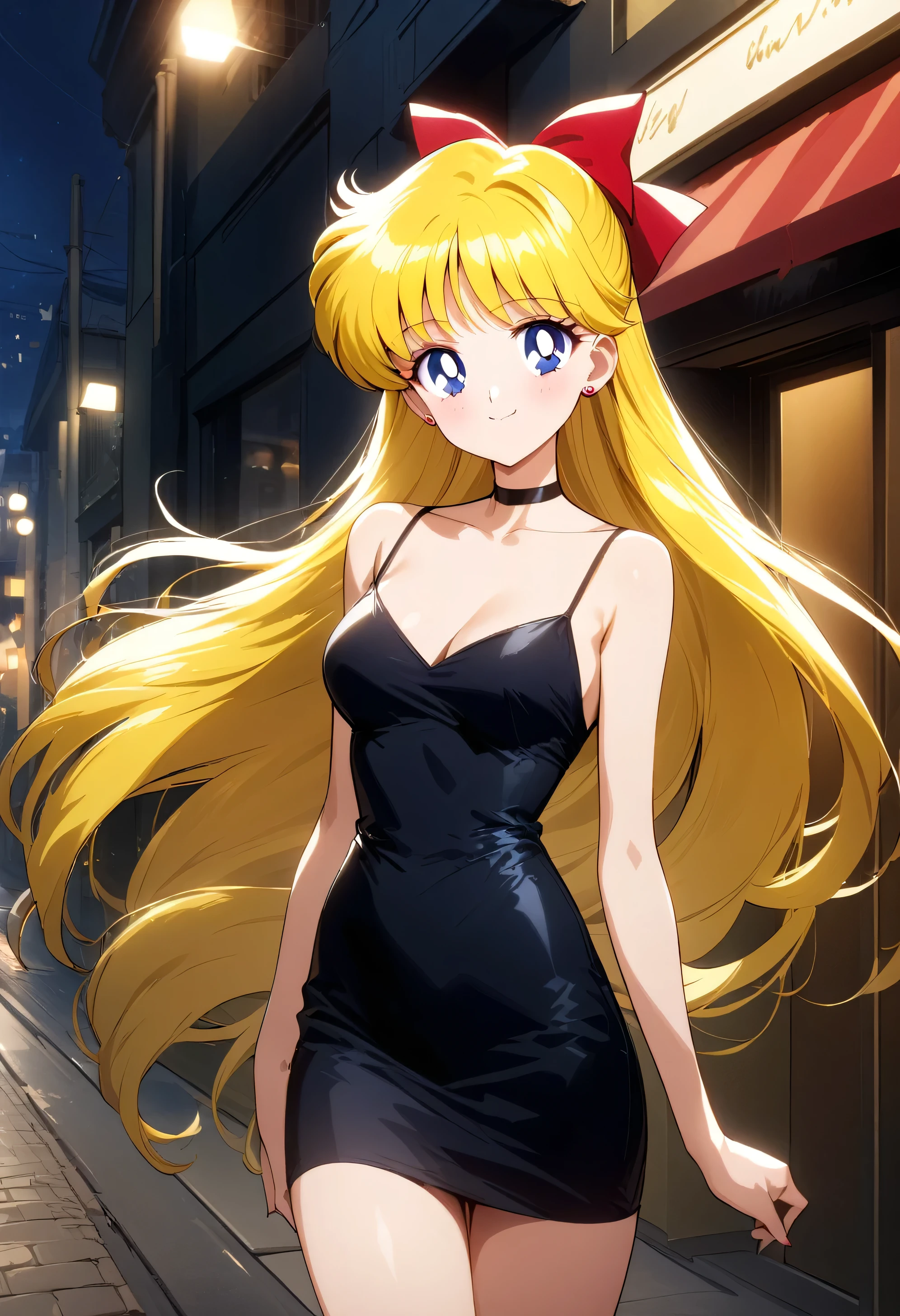 masterpiece, best quality, very aesthetic, absurdres, aavenus, long hair, blonde hair, hair bow, blue eyes, earrings, taut dress, spaghetti strap, black dress, sleeveless, night, street, standing, cowboy shot, medium breast, smile, black high heels