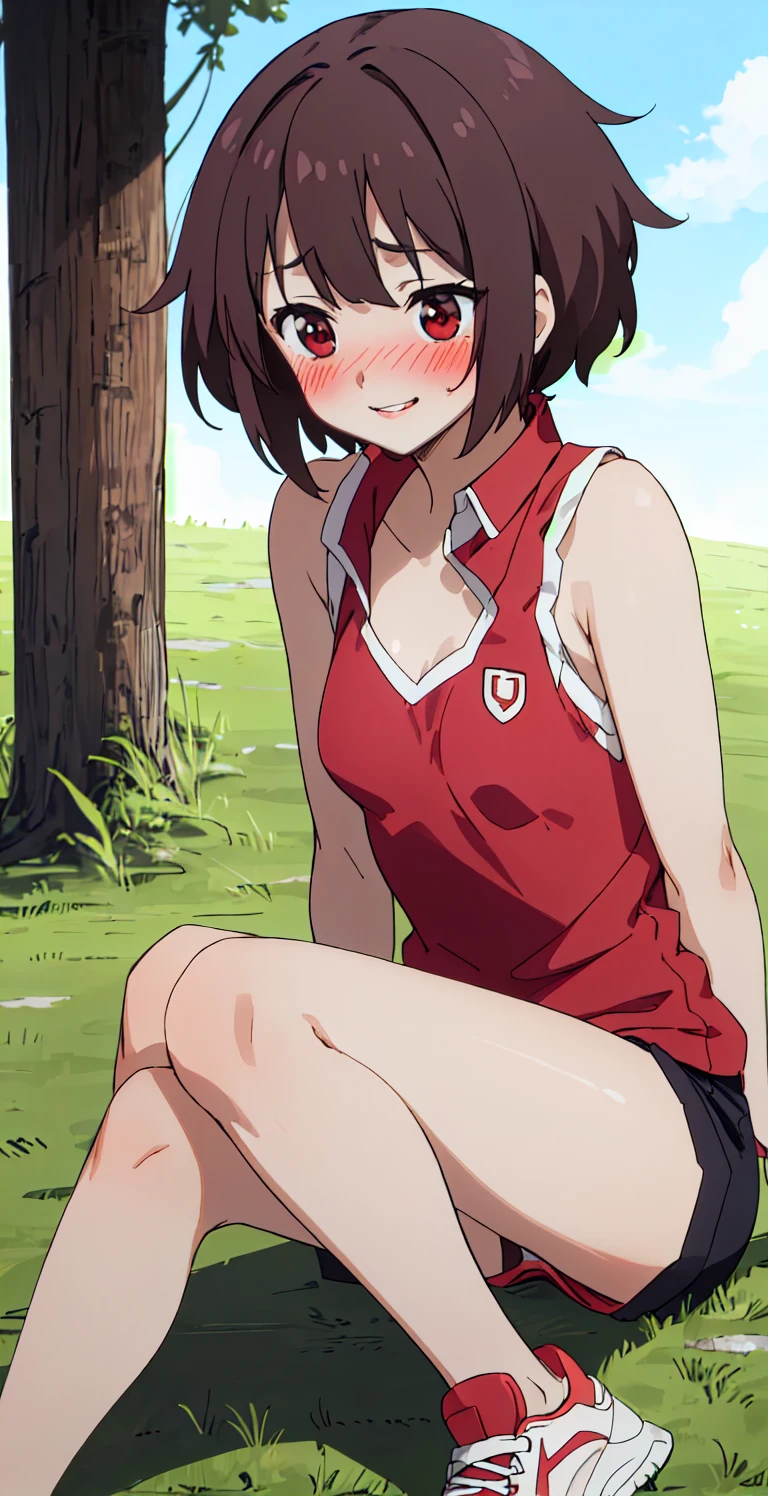 Huihui, 1 Girl, Solitary, Sitting on the grass, Vest, Pants, sports shoes, Smile, look up to the sky, Perfect quality, high quality, masterpiece, HDR, Ultra HD ，Red lips,Messy hair,panty shot,big，Crispy Breast,1 Girl,Upper limbs,((cleveage)), Red Eyes, (((Small Breasts))), ((((blush)))), brown hair, ((Shy)),(((Side short hair, Huihui, 