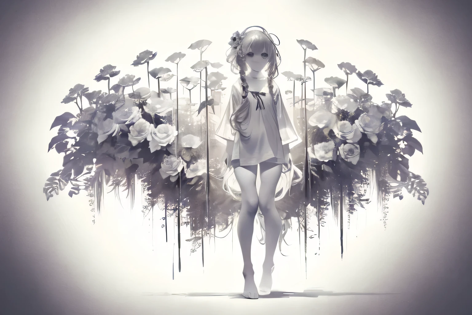 solo,1female\(chibi,cute,kawaii,,hair color white,braid hair,messy hair,eye color gray,big eyes,white skin,(monochrome:1.2),droop,(full body:1.8)\),background\((many beautiful flowers and petal:1.4),messy tiny room\),double exposure, BREAK ,
quality\(8k,wallpaper of extremely detailed CG unit, ​masterpiece,high resolution,top-quality,top-quality real texture skin,hyper realisitic,increase the resolution,RAW photos,best qualtiy,highly detailed,the wallpaper\),,high contrast,grayscale