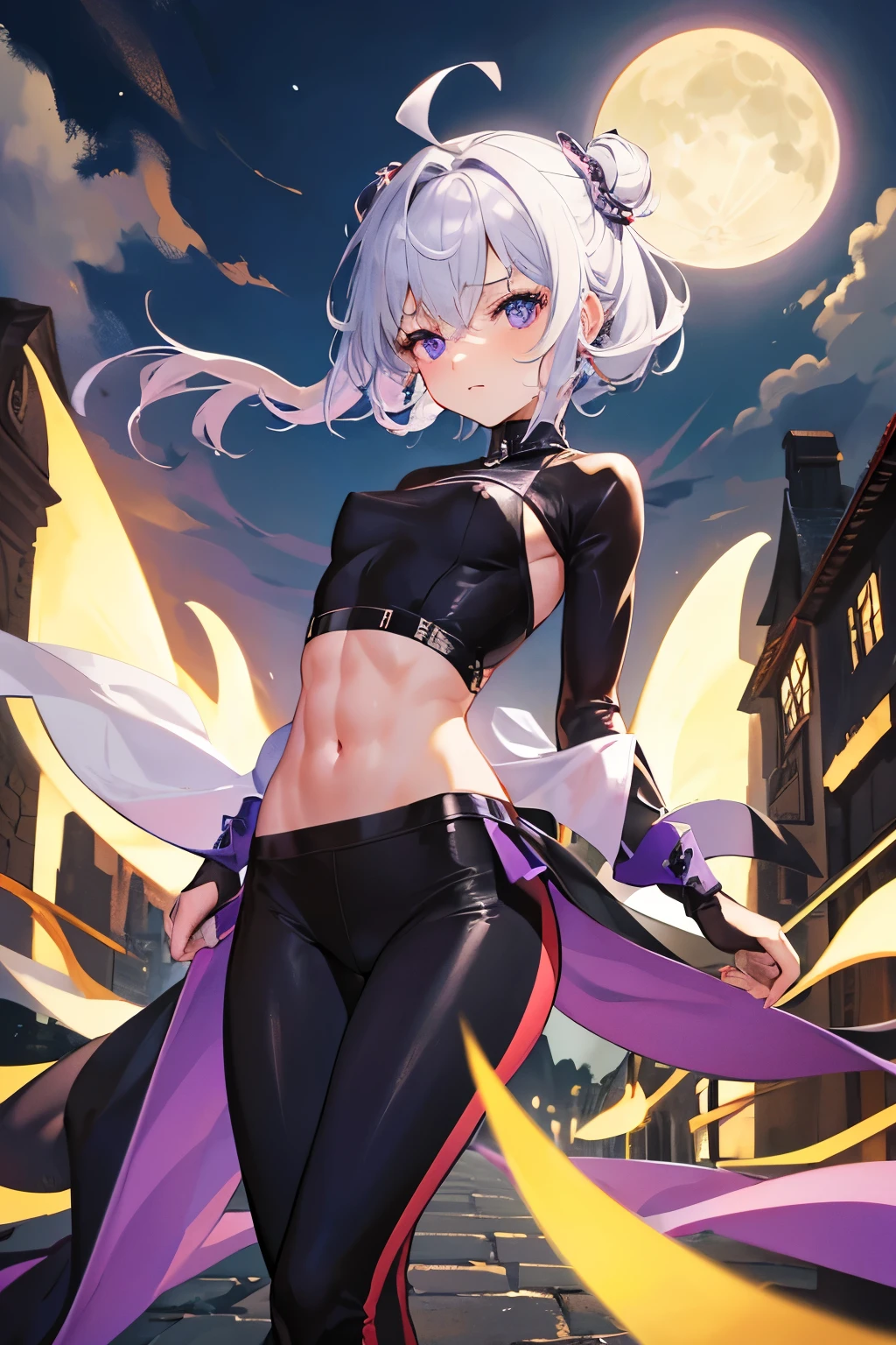 best quality, super fine, 16k, incredibly absurdres, extremely detailed, delicate and dynamic, cute boyish goddess, short bouncy silver messy hair, captivating look, aroused expression, purple eyes, (thin flat body line:1.3), black ninja-like outfit, cropped shirt, abs, knee-length pants, hiding in an old castle, night, moon light