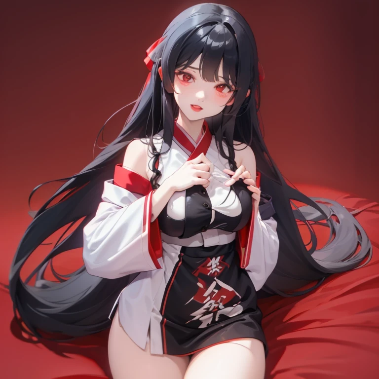 Create an image of a n4k3d black haired kitsune girl m45turb4t1ng, red eyes, long hair, two arms, two spr34d 4p4rt legs, 5 finger in each hands, one body