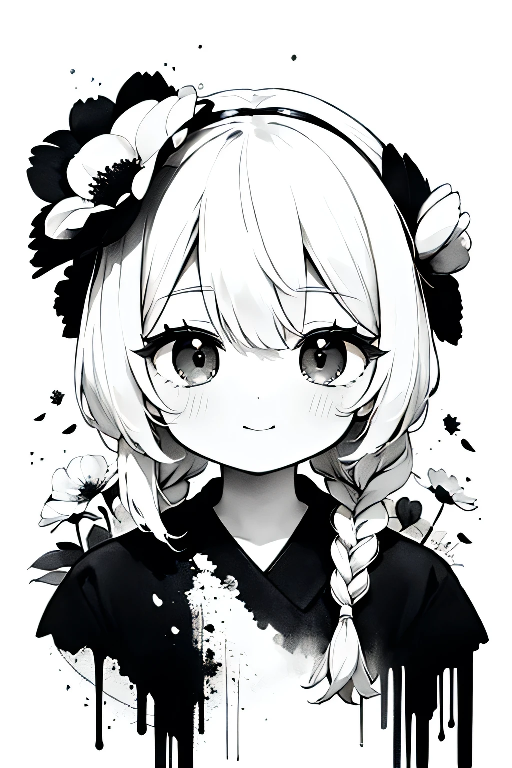 solo,1female\(chibi,cute,kawaii,age of 10,hair color white,braid hair,messy hair,eye color gray,big eyes,white skin,(monochrome:1.2),smiling kindly at viewer,portrait\),background\((many beautiful flowers and petal:1.4)\),double exposure, BREAK ,quality\(8k,wallpaper of extremely detailed CG unit, ​masterpiece,high resolution,top-quality,top-quality real texture skin,hyper realisitic,increase the resolution,RAW photos,best qualtiy,highly detailed,the wallpaper\),high contrast,(grayscale:1.4)