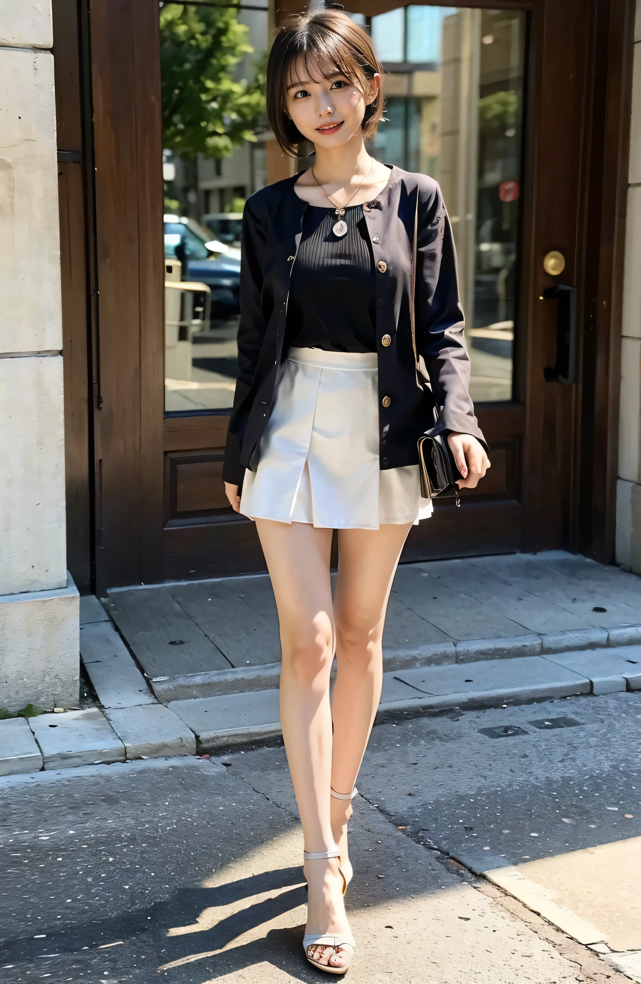 Elegant attire、peace sign、A lovely smile、（（Nagoya street corner））、Full body photo、ring、Luxurious clothing、Short skirt、Tuck your hair behind one ear、Silver Necklace、smile、 elegant ponytail、Caustics、Highly detailed photos、Very beautiful eyeedium Short Hair、Large Breasts、Super no makeup、(8k、RAW Photos、highest quality、masterpiece:1.2)、(Realistic、Realistic)、1 girl、((Medium Short Hair、Looking into the camera:1.4))、Hair blowing in the wind
